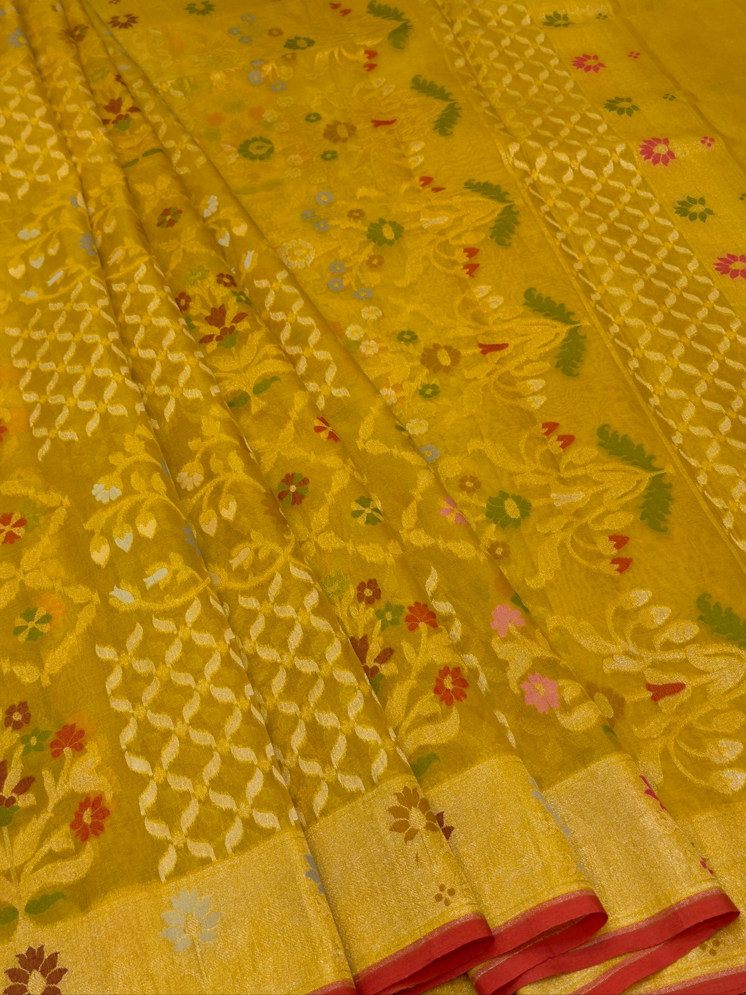 Handwoven Kora Jamdani Silk Saree – Mustard Gold with Floral Zari Border