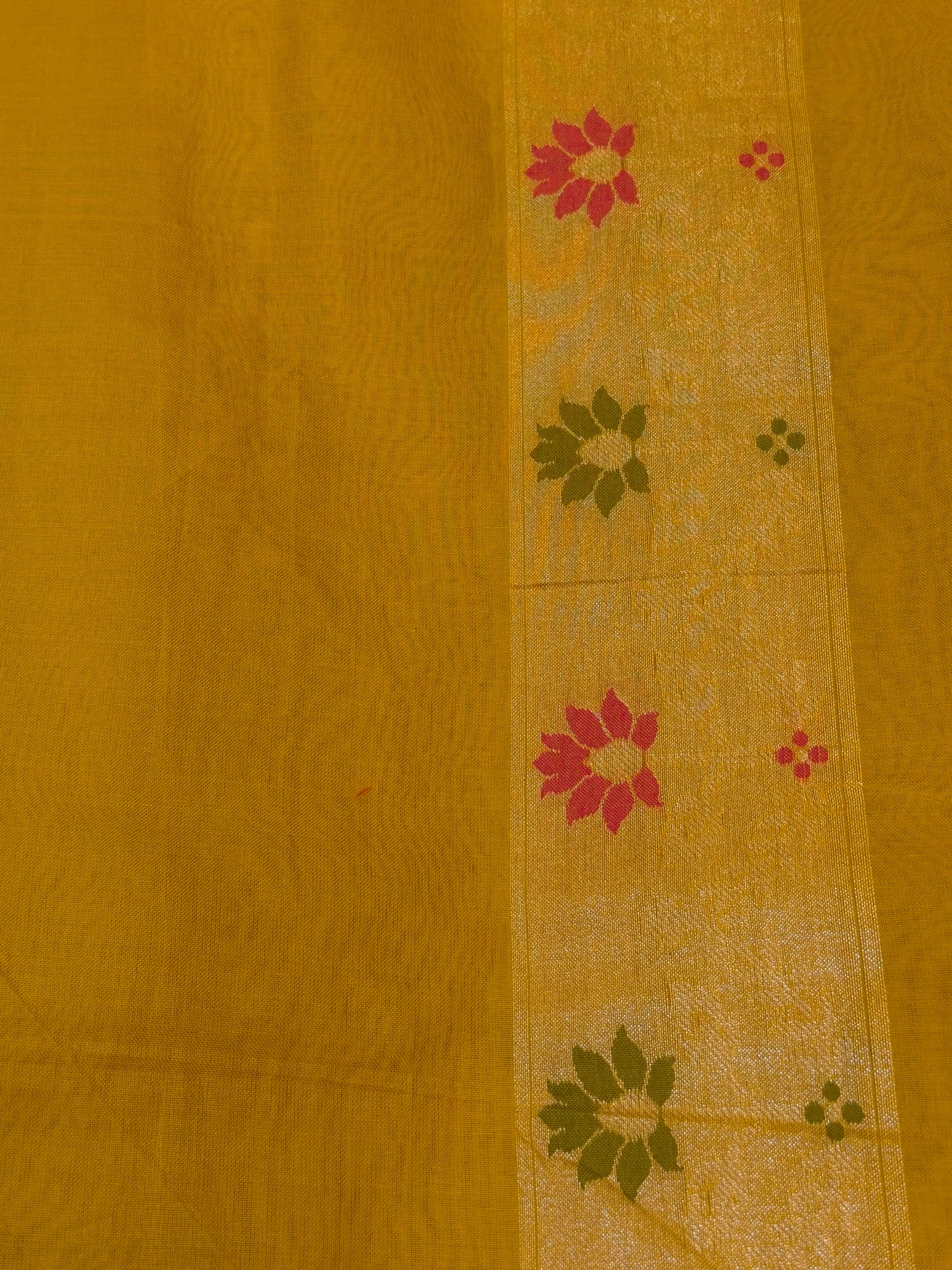 Handwoven Kora Jamdani Silk Saree – Mustard Gold with Floral Zari Border