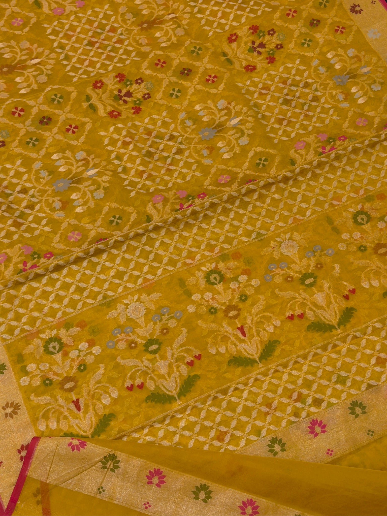 Handwoven Kora Jamdani Silk Saree – Mustard Gold with Floral Zari Border