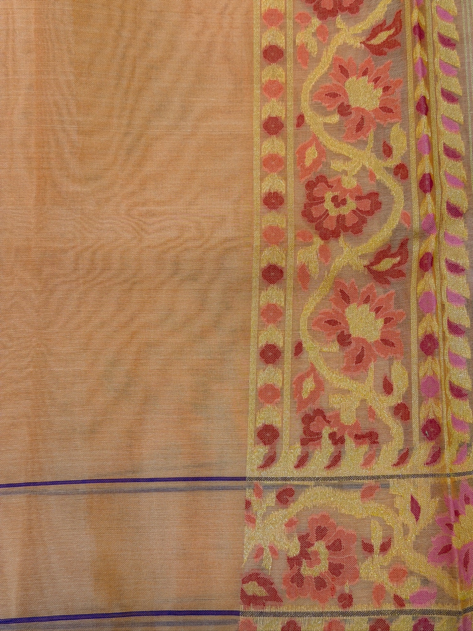 Handwoven Kora Jamdani Silk Saree – Blush Peach with Floral Zari Border