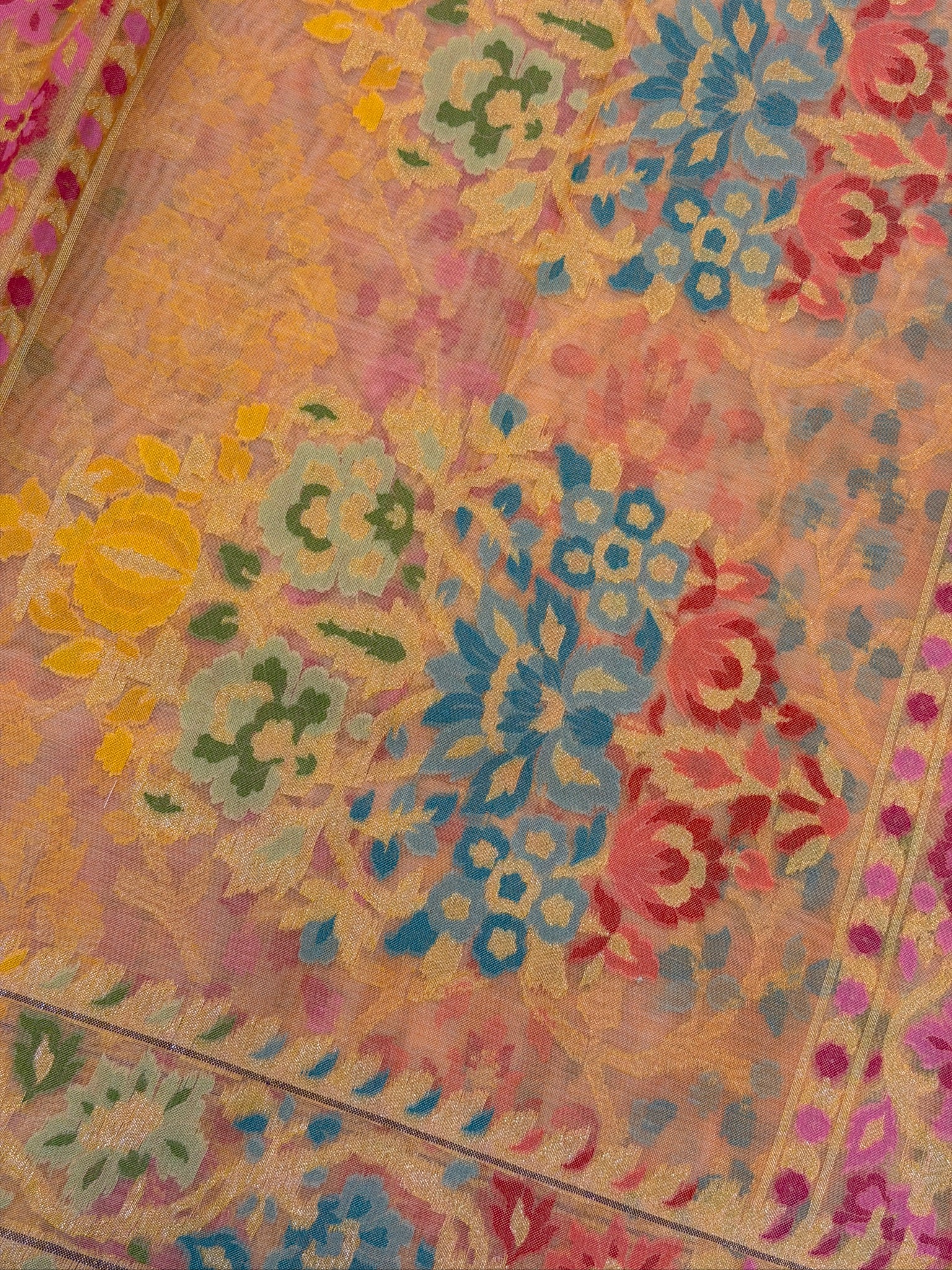 Handwoven Kora Jamdani Silk Saree – Blush Peach with Floral Zari Border