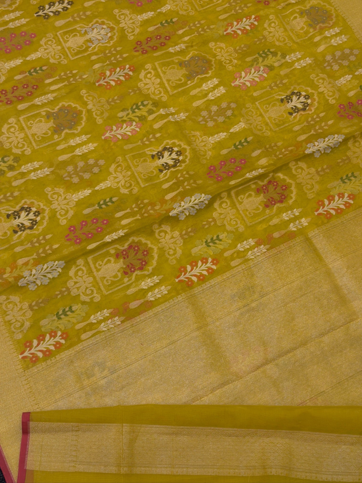 Handwoven Kora Jamdani Silk Saree – Mustard Gold with Floral Zari Border