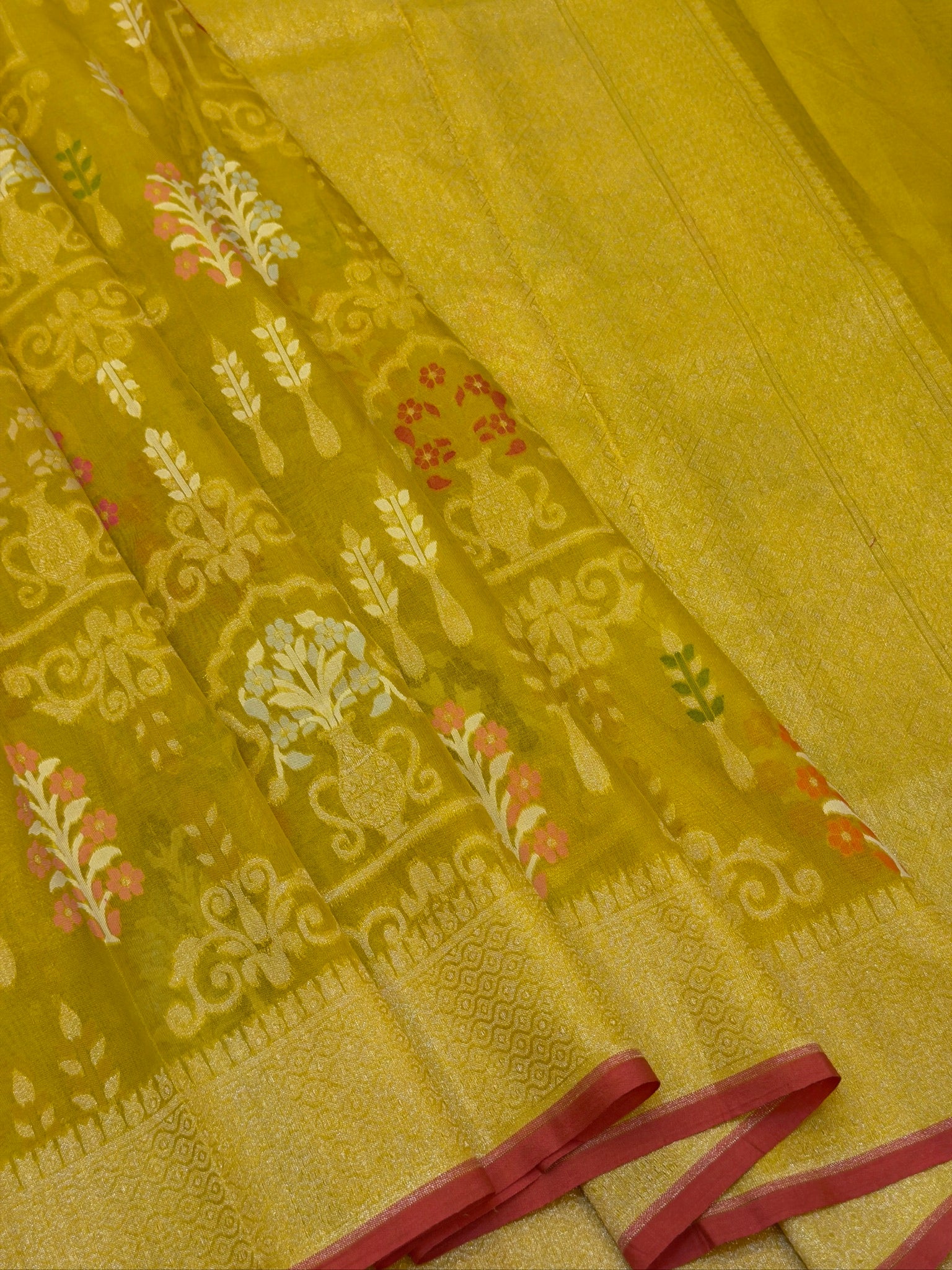 Handwoven Kora Jamdani Silk Saree – Mustard Gold with Floral Zari Border