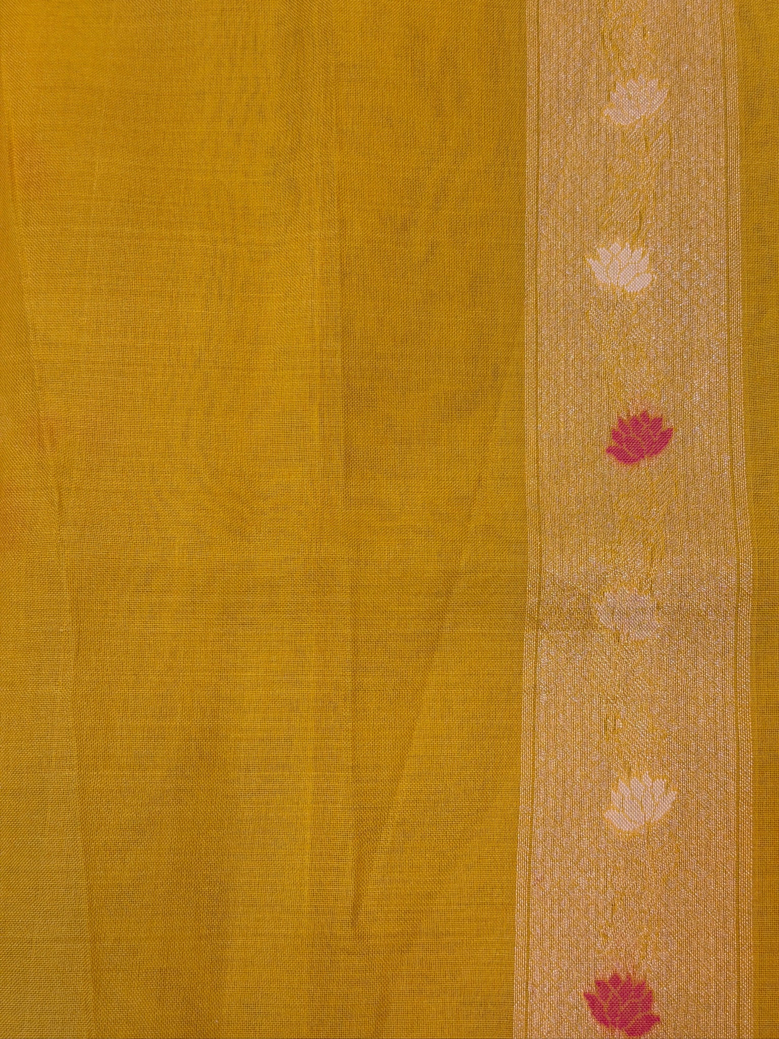 Handwoven Kora Jamdani Silk Saree – Yellow with Floral Zari Border