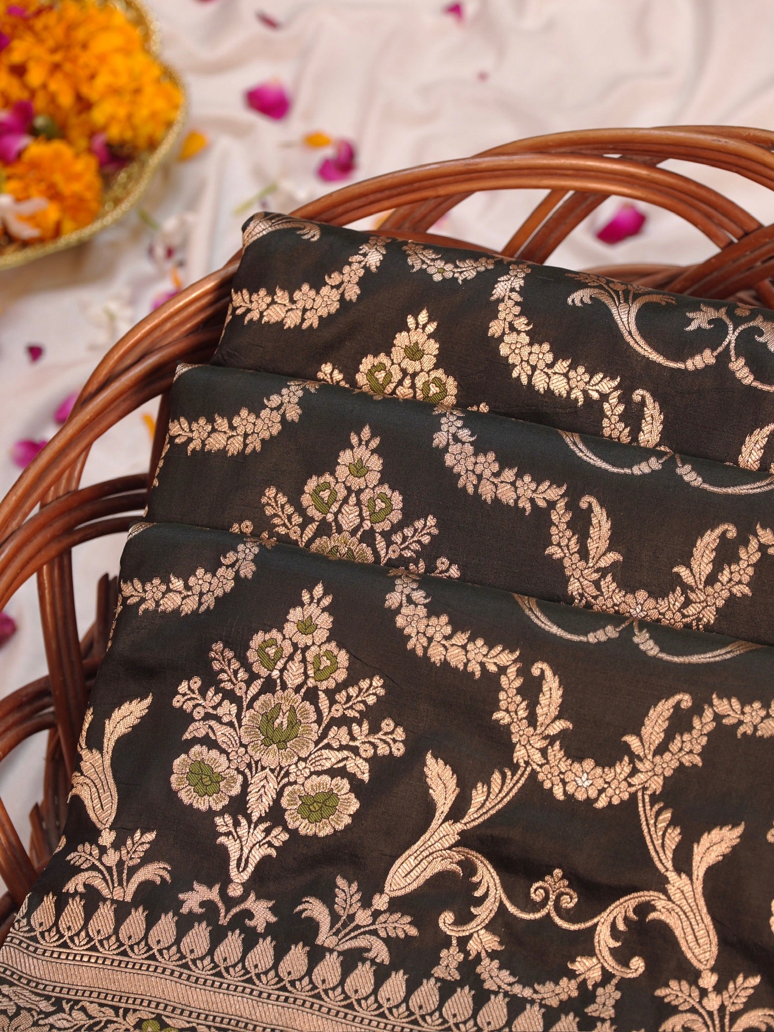Black Pure Katan Silk Saree |Minakaari Pattu Style