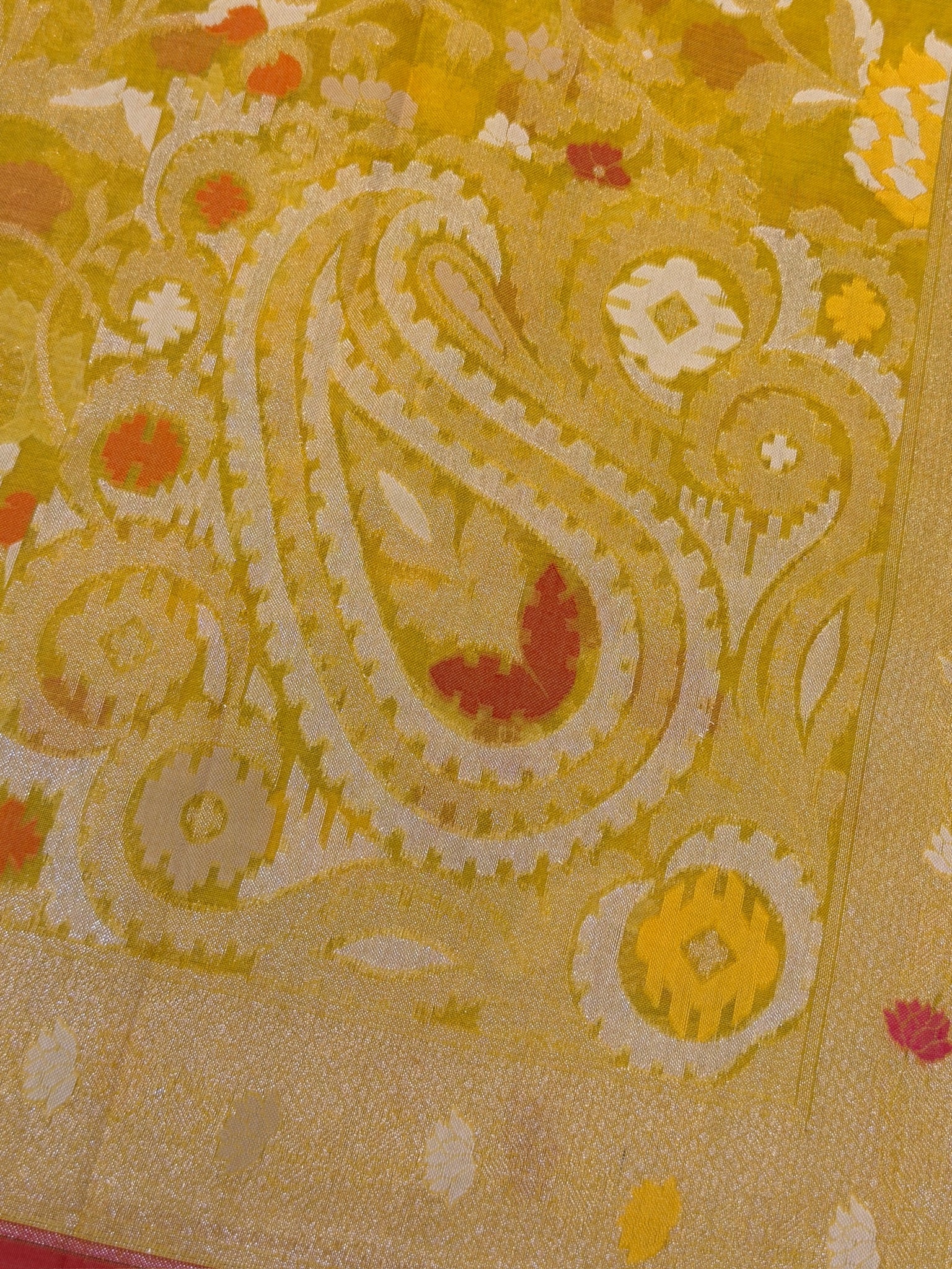 Handwoven Kora Jamdani Silk Saree – Yellow with Floral Zari Border