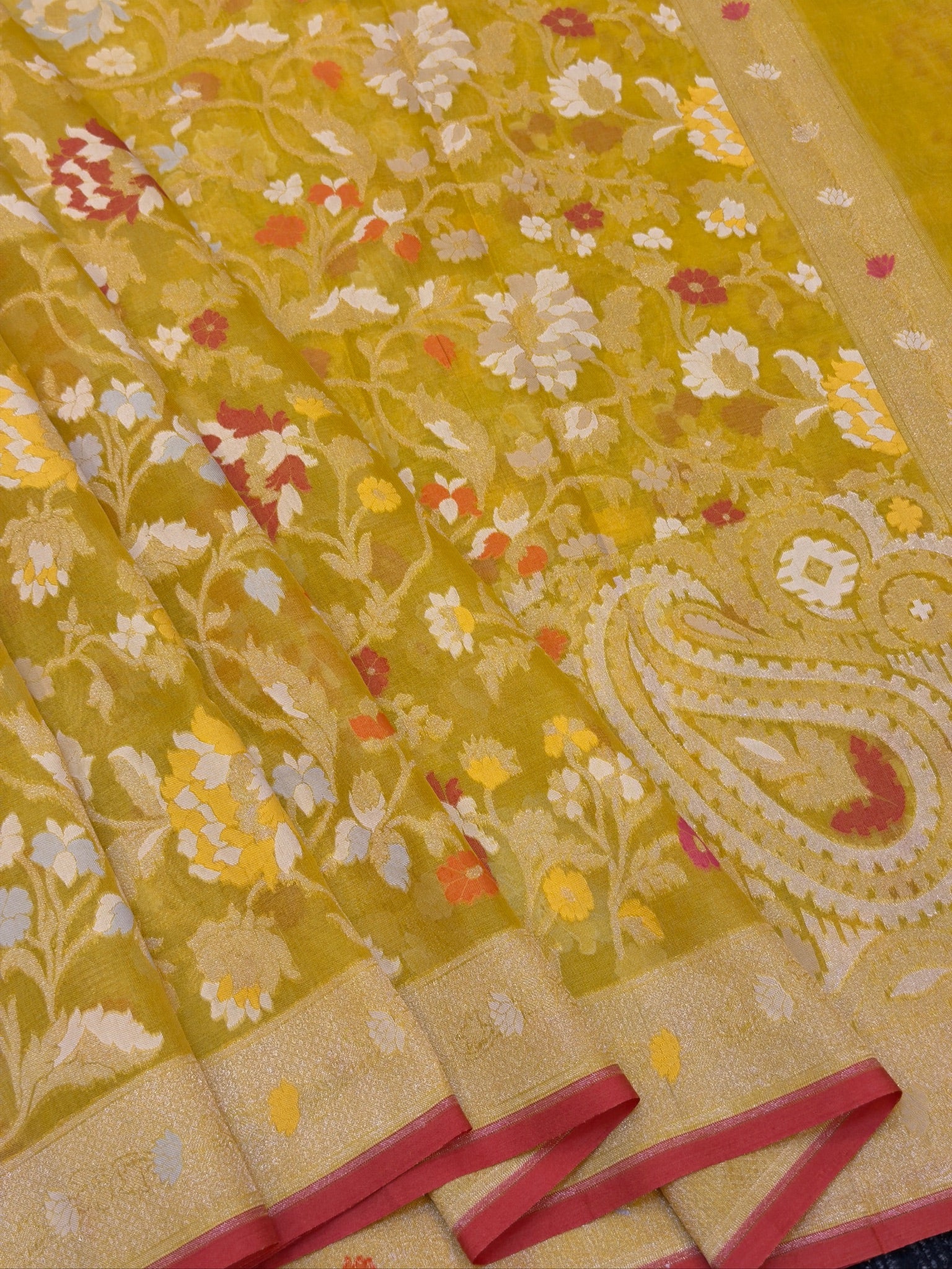 Handwoven Kora Jamdani Silk Saree – Yellow with Floral Zari Border