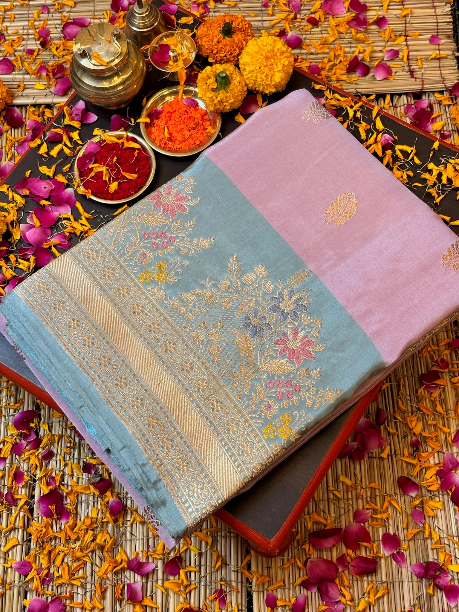 Blush Rose Pink Handwoven Pure Banarasi Tissue Silk Saree
