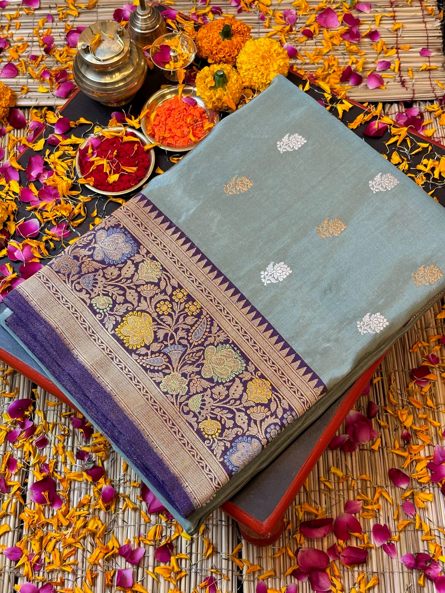 Ice Blue Handwoven Pure Banarasi Tissue Silk Saree