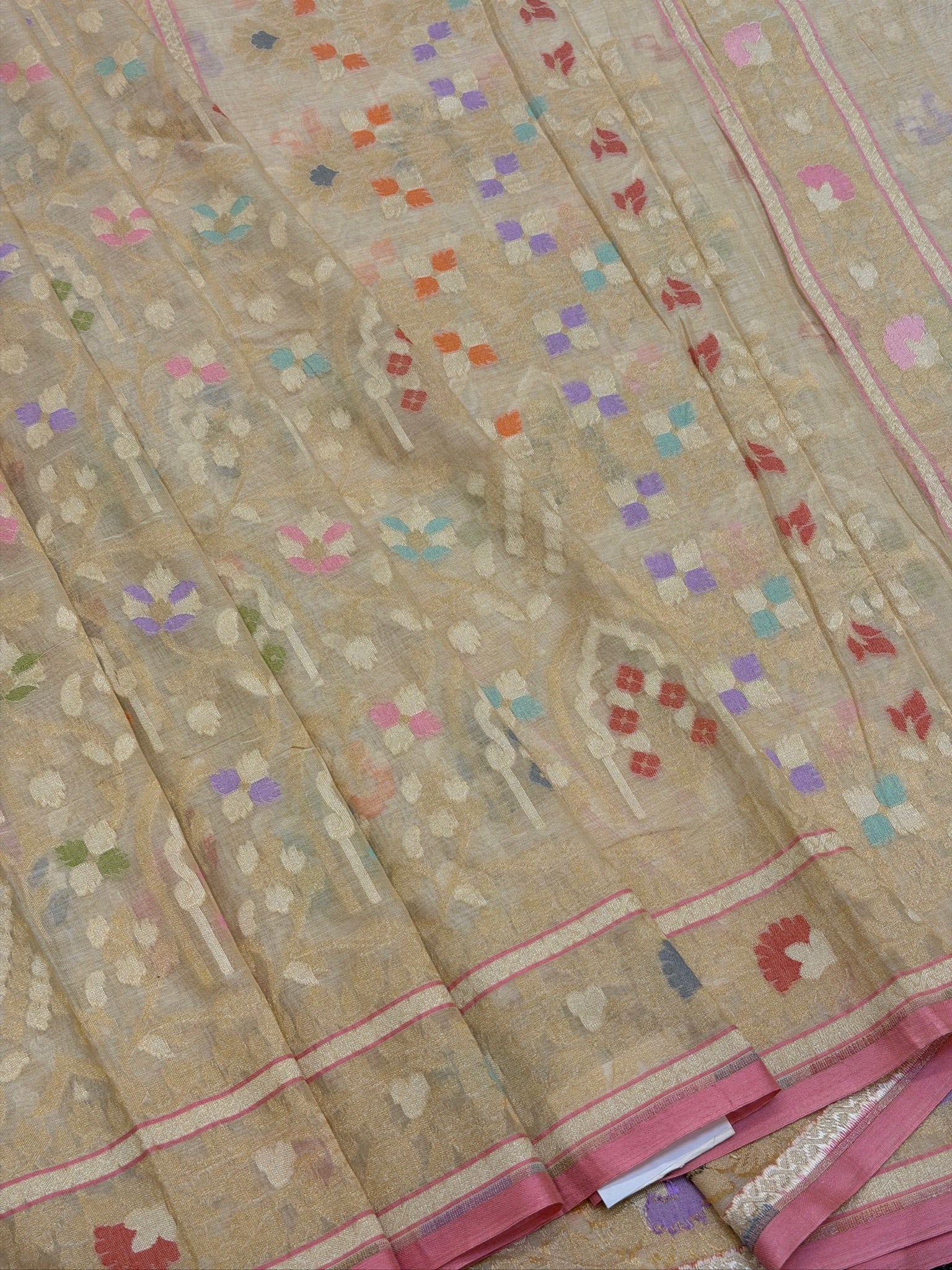 Pure Cotton Jamdani Saree | Elegant Beige Gold Design