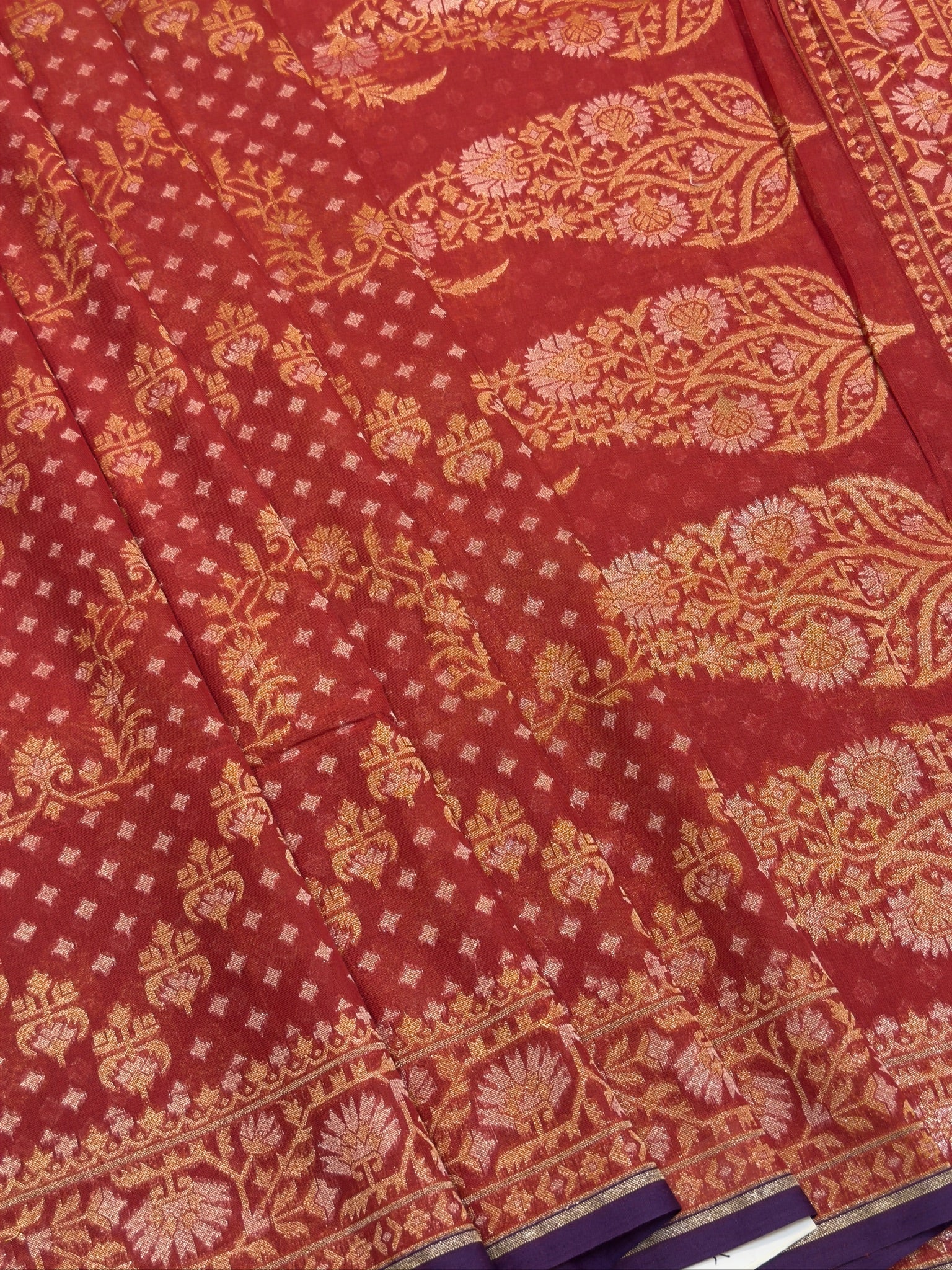 Pure Cotton Jamdani Saree | Elegant Rust Red Design