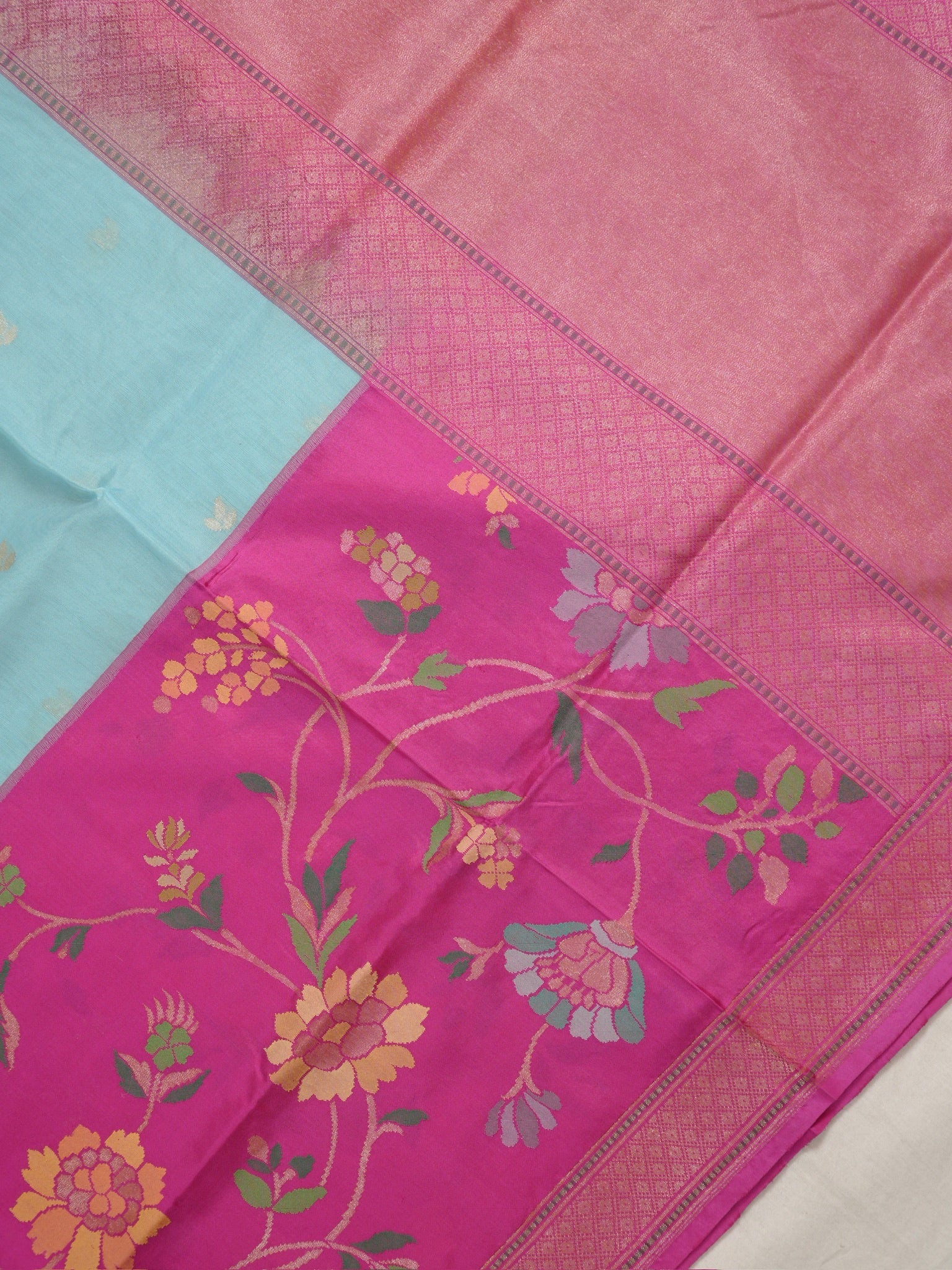 Blue Handwoven Organza Silk Saree with Floral Zari Borders