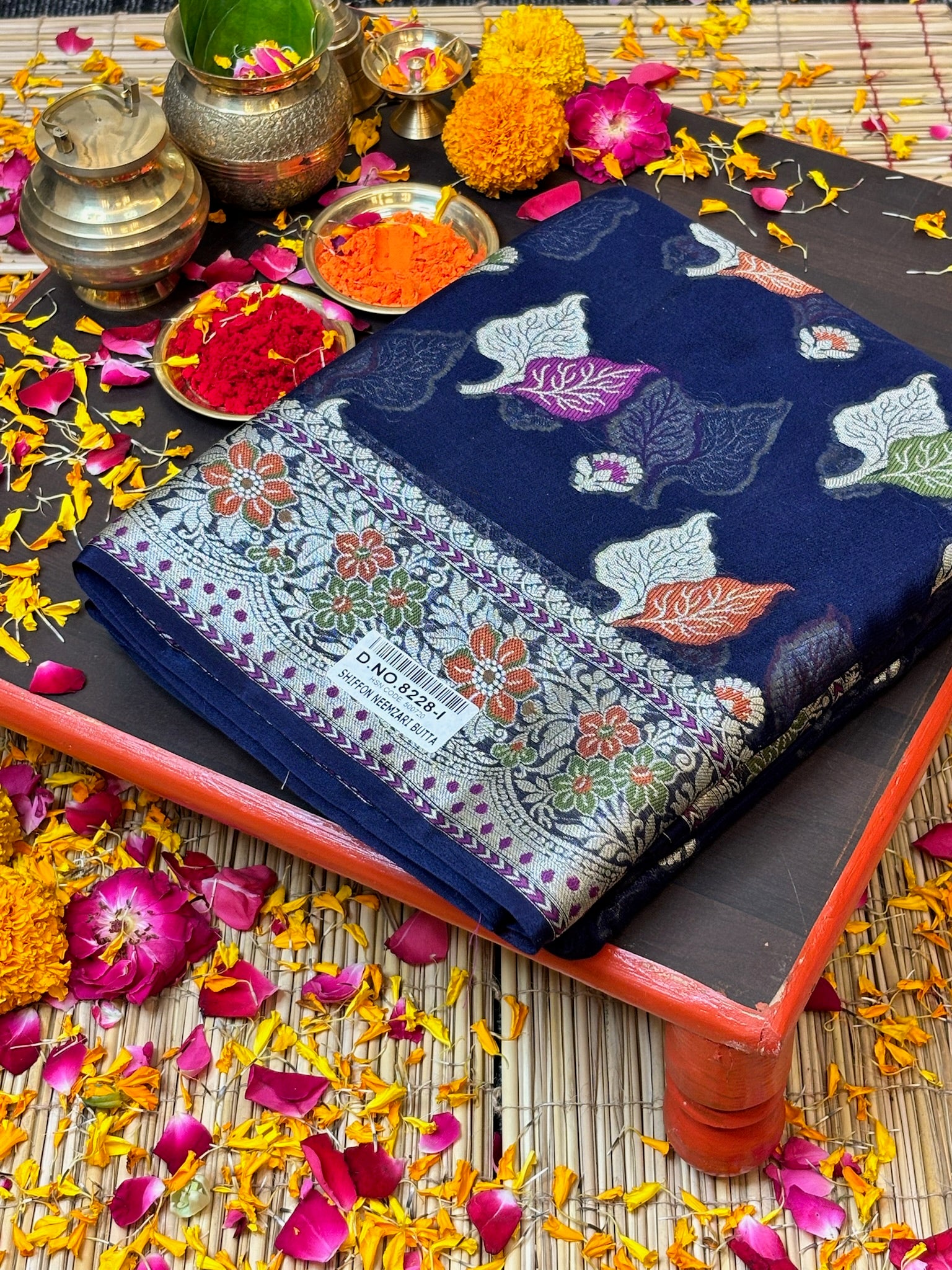 Pure Chiffon Silk Saree in Neavy Blue with Zari Border | Handcrafted Elegant Party Wear