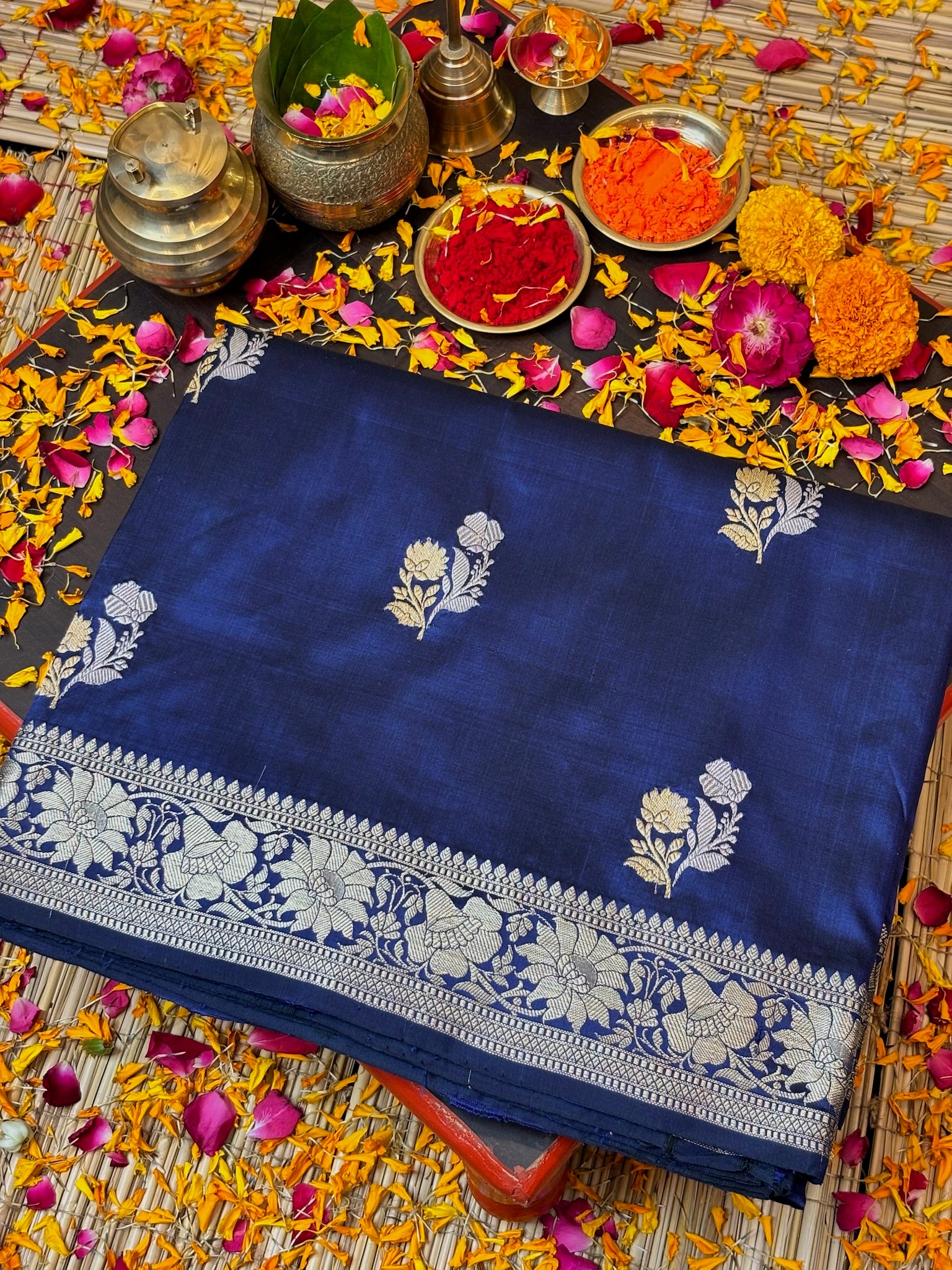 Premium Zari Buti Navy Blue Saree with Intricate Gold Border | Elegant Ethnic Wear for Festive & Wedding
