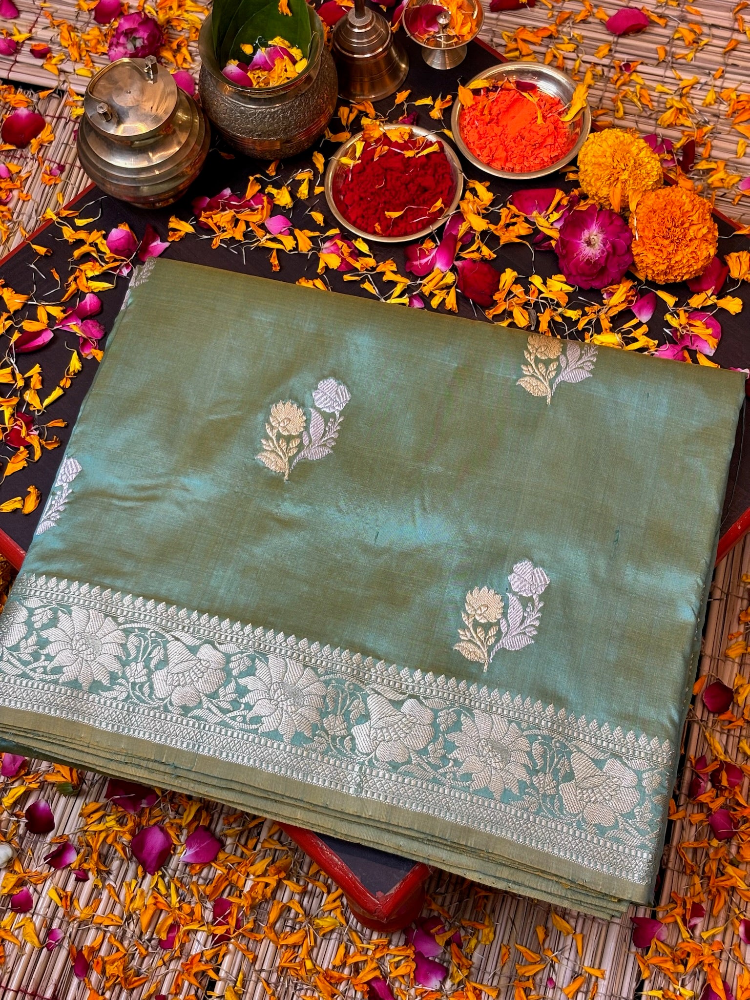 Premium Zari Buti Moss GreenSaree with Intricate Gold Border | Elegant Ethnic Wear for Festive & Wedding