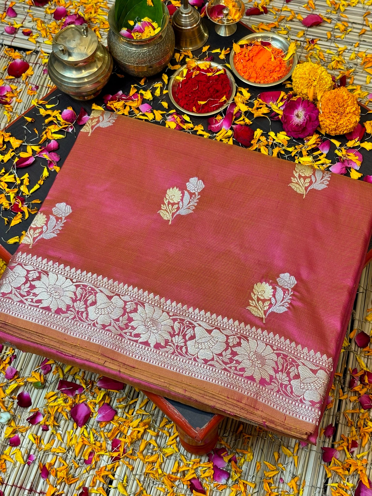 Premium Zari Buti Peach Pink Saree with Intricate Gold Border | Elegant Ethnic Wear for Festive & Wedding