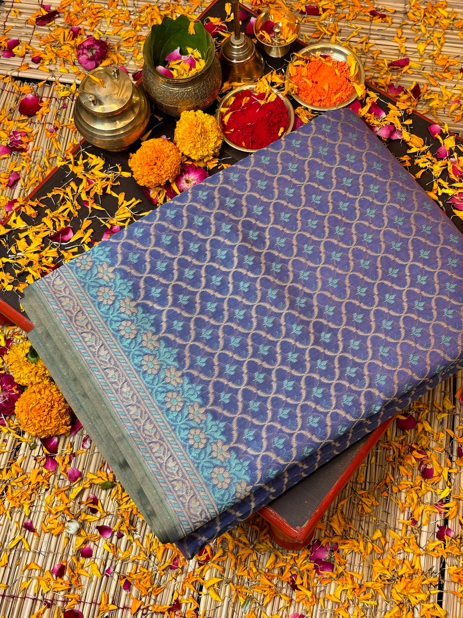 Pure Cotton Silk Saree in Soft Regal Blue Tone with Floral Buti & Elegant Border