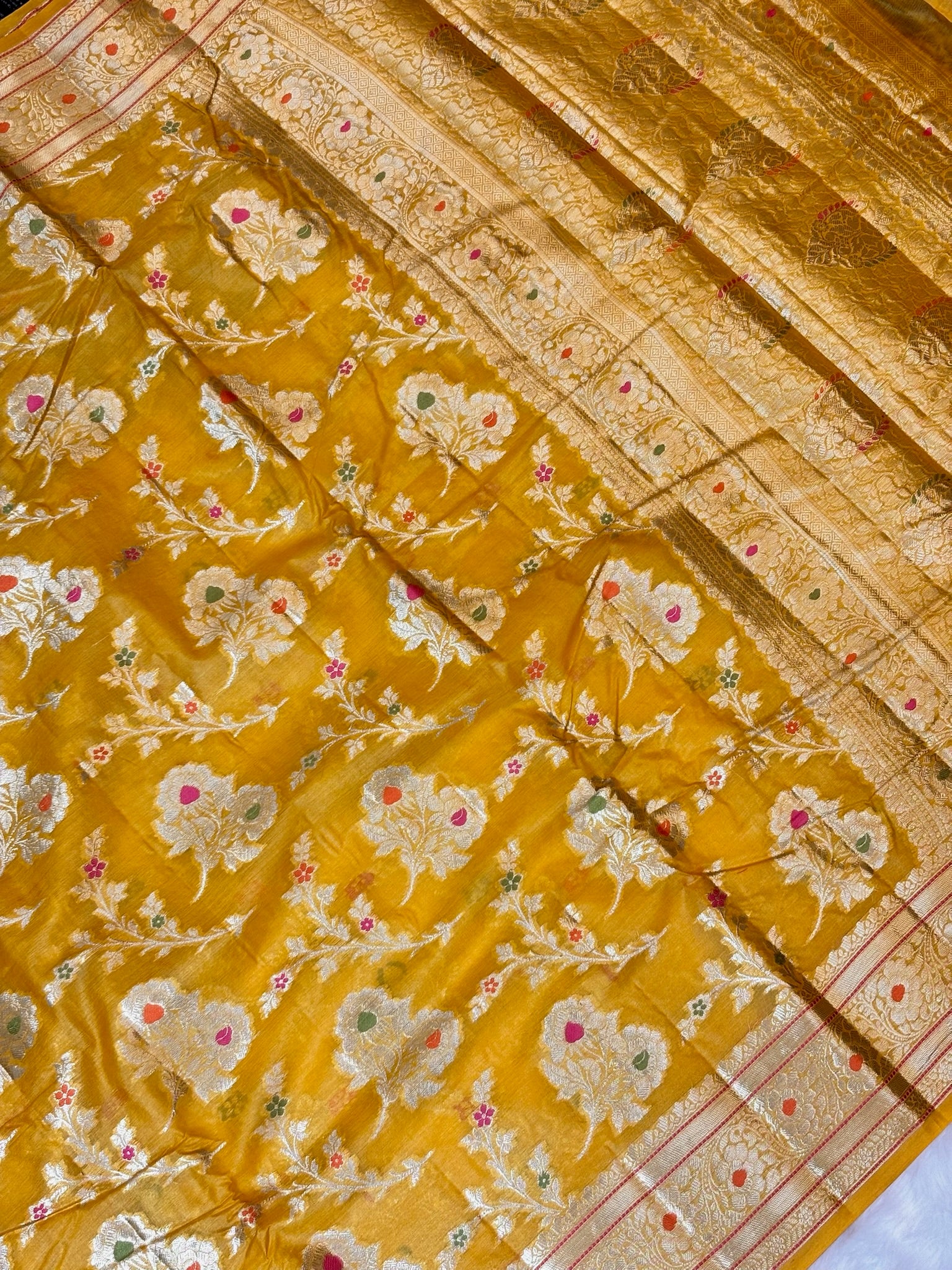 Yellow Pure Chiniya Silk Saree with Zari Weave Border | Elegant Festive & Wedding Wear