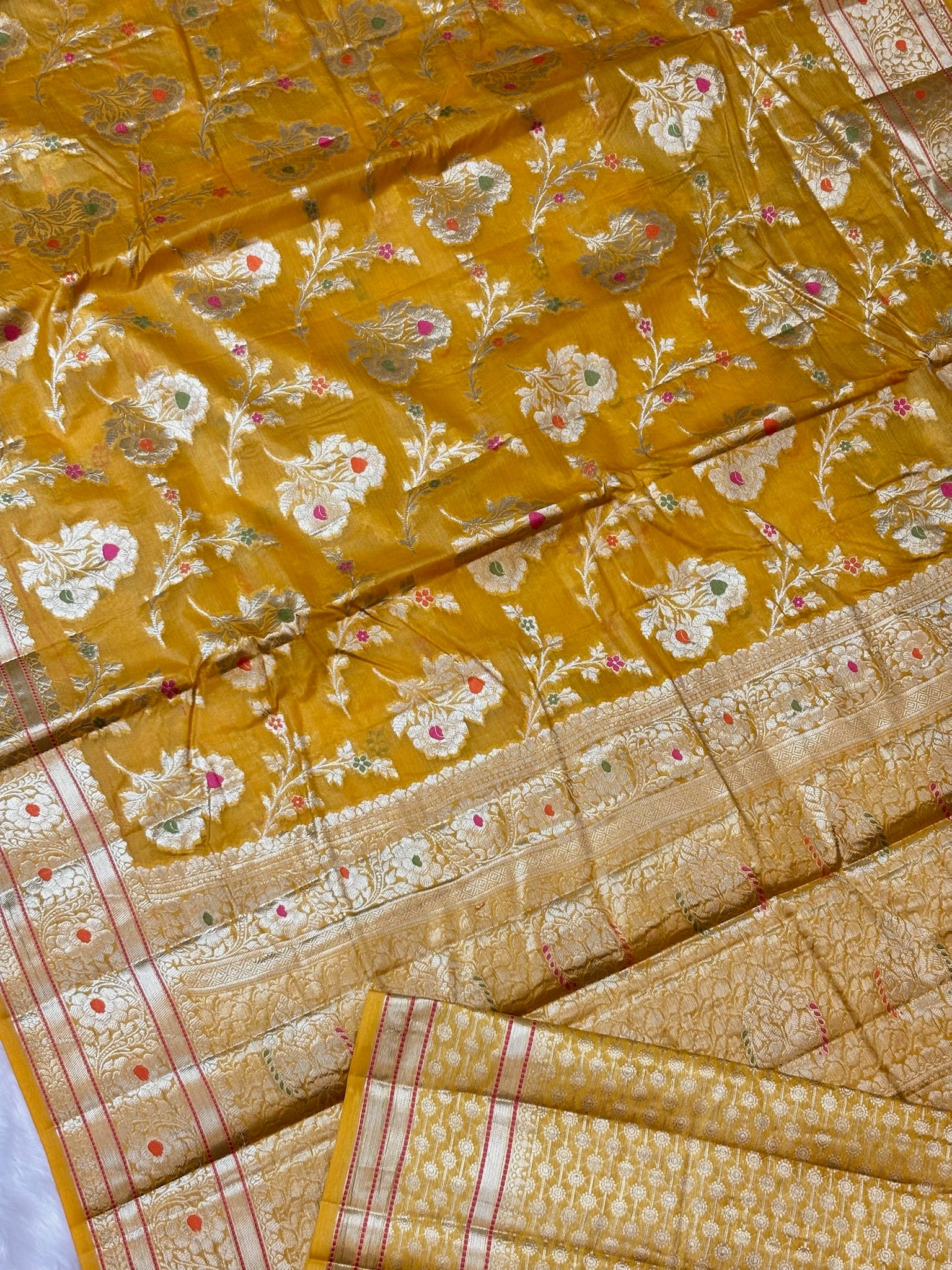 Yellow Pure Chiniya Silk Saree with Zari Weave Border | Elegant Festive & Wedding Wear