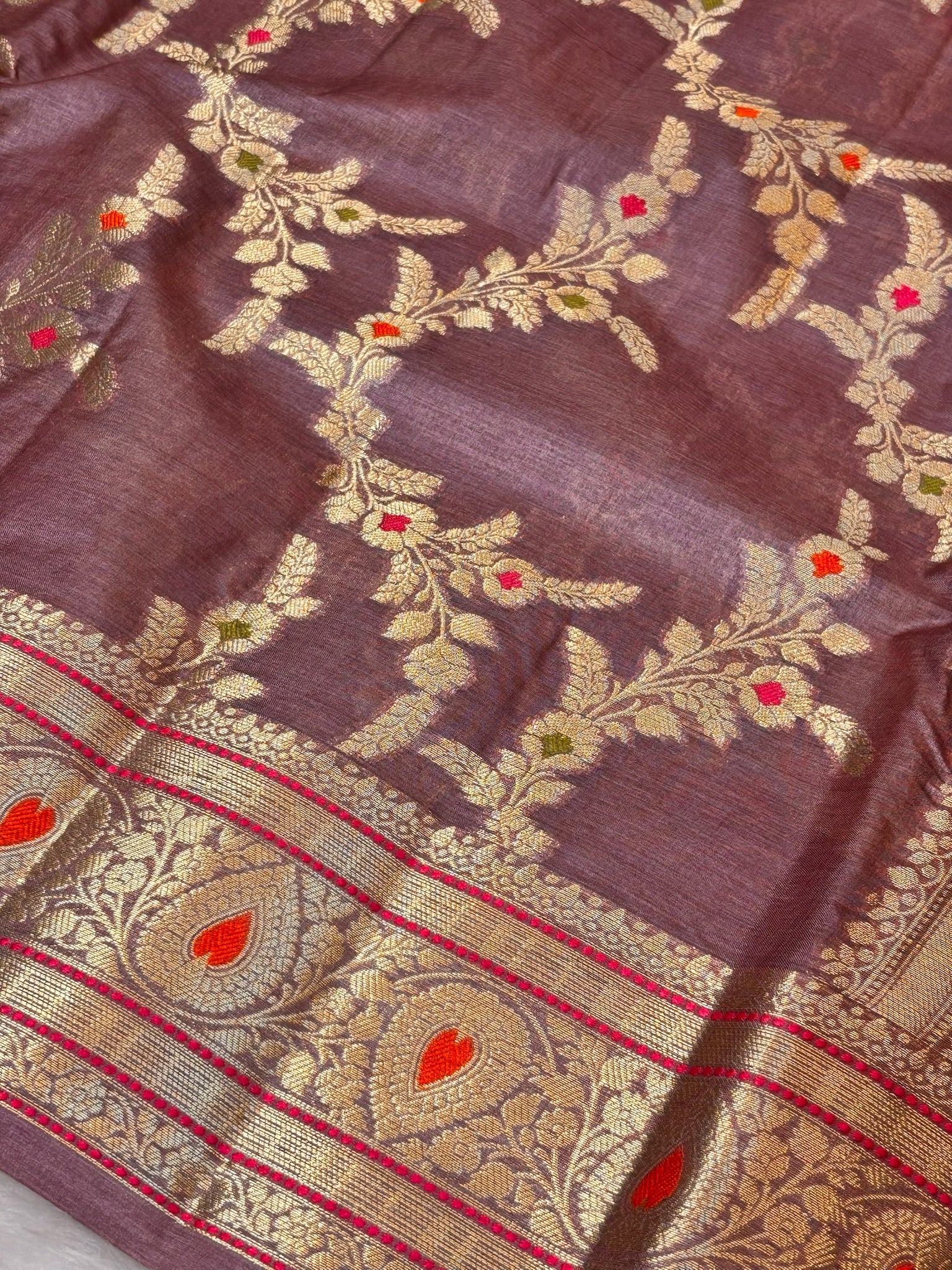 Mauve Pure Chiniya Silk Saree with Zari Weave Border | Elegant Festive & Wedding Wear
