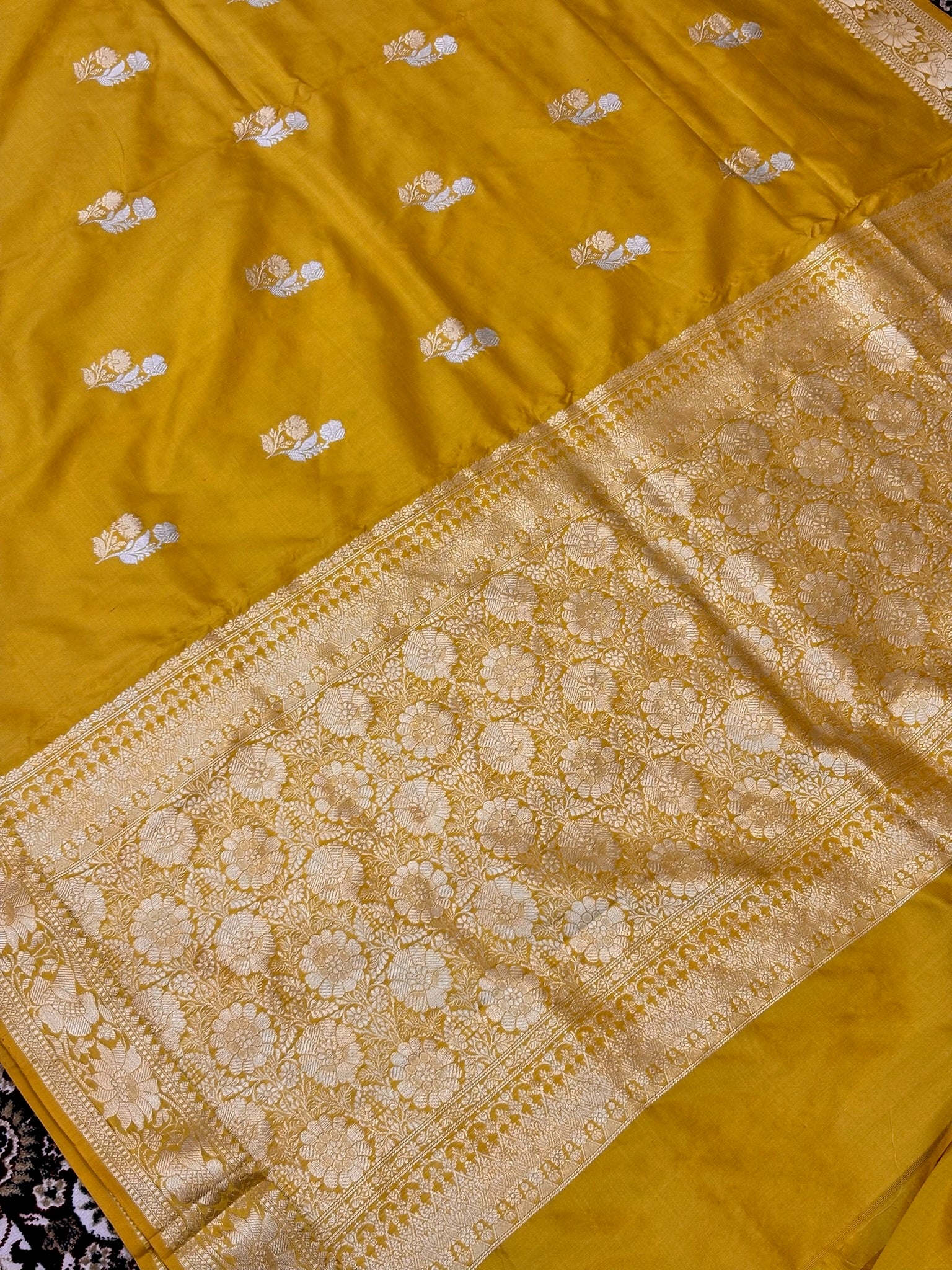 Premium Zari Buti Yellow Saree with Intricate Gold Border | Elegant Ethnic Wear for Festive & Wedding
