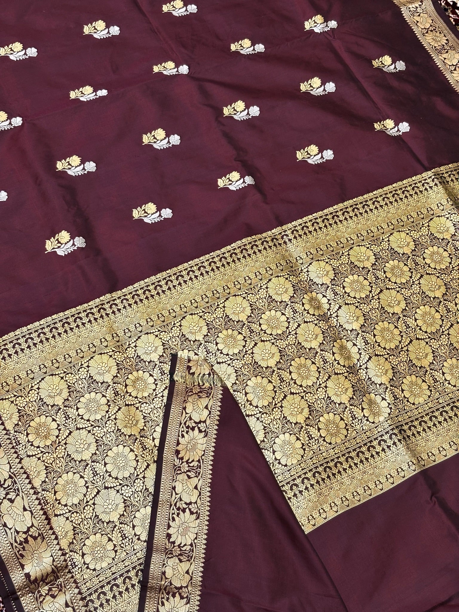 Premium Zari Buti Brown Saree with Intricate Gold Border | Elegant Ethnic Wear for Festive & Wedding