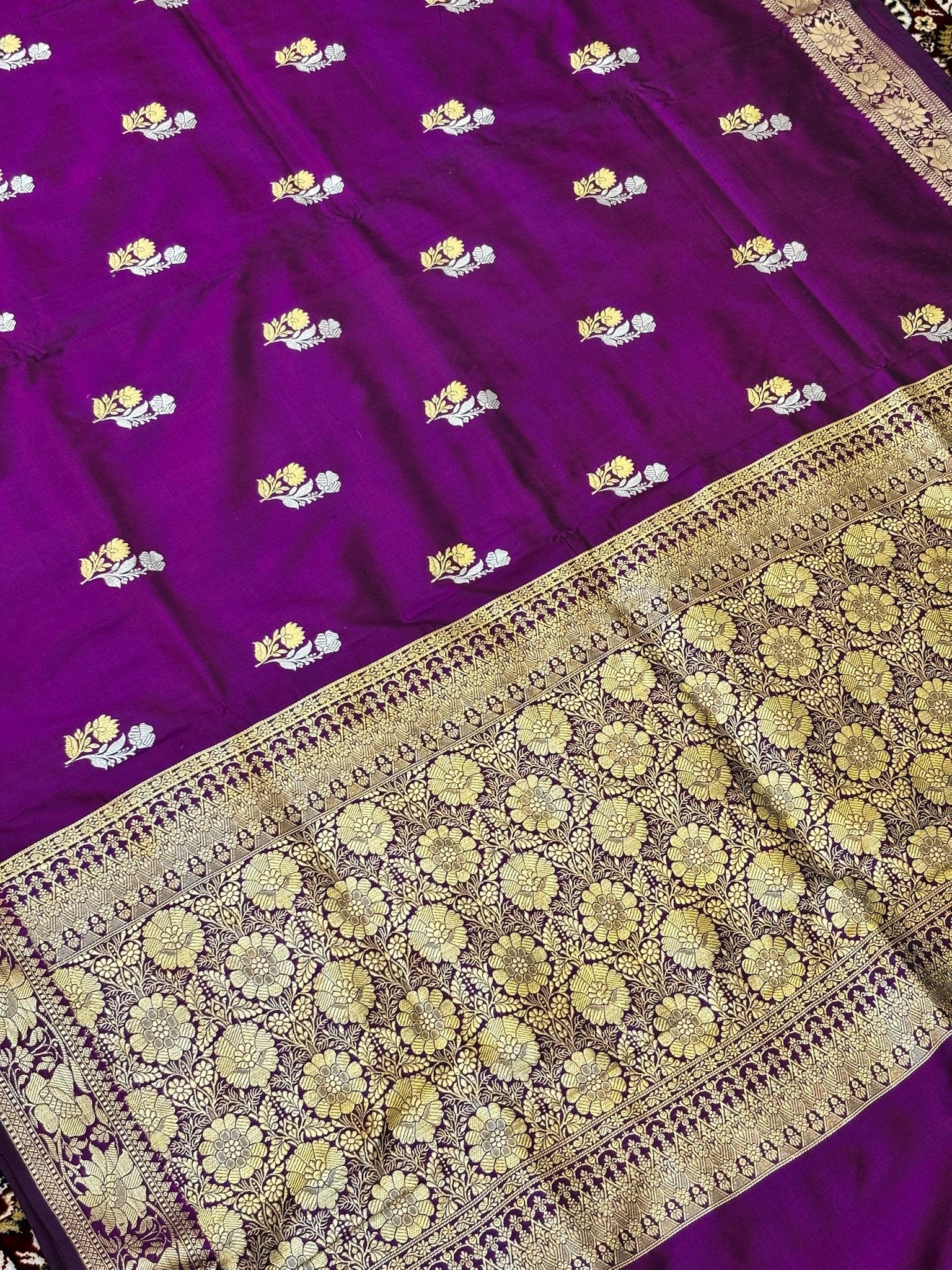 Premium Zari Buti Purple Saree with Intricate Gold Border | Elegant Ethnic Wear for Festive & Wedding