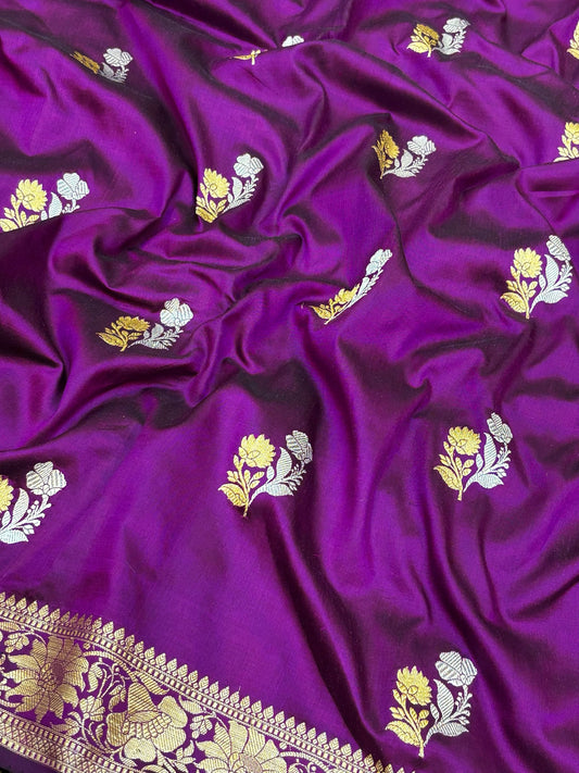 Premium Zari Buti Purple Saree with Intricate Gold Border | Elegant Ethnic Wear for Festive & Wedding