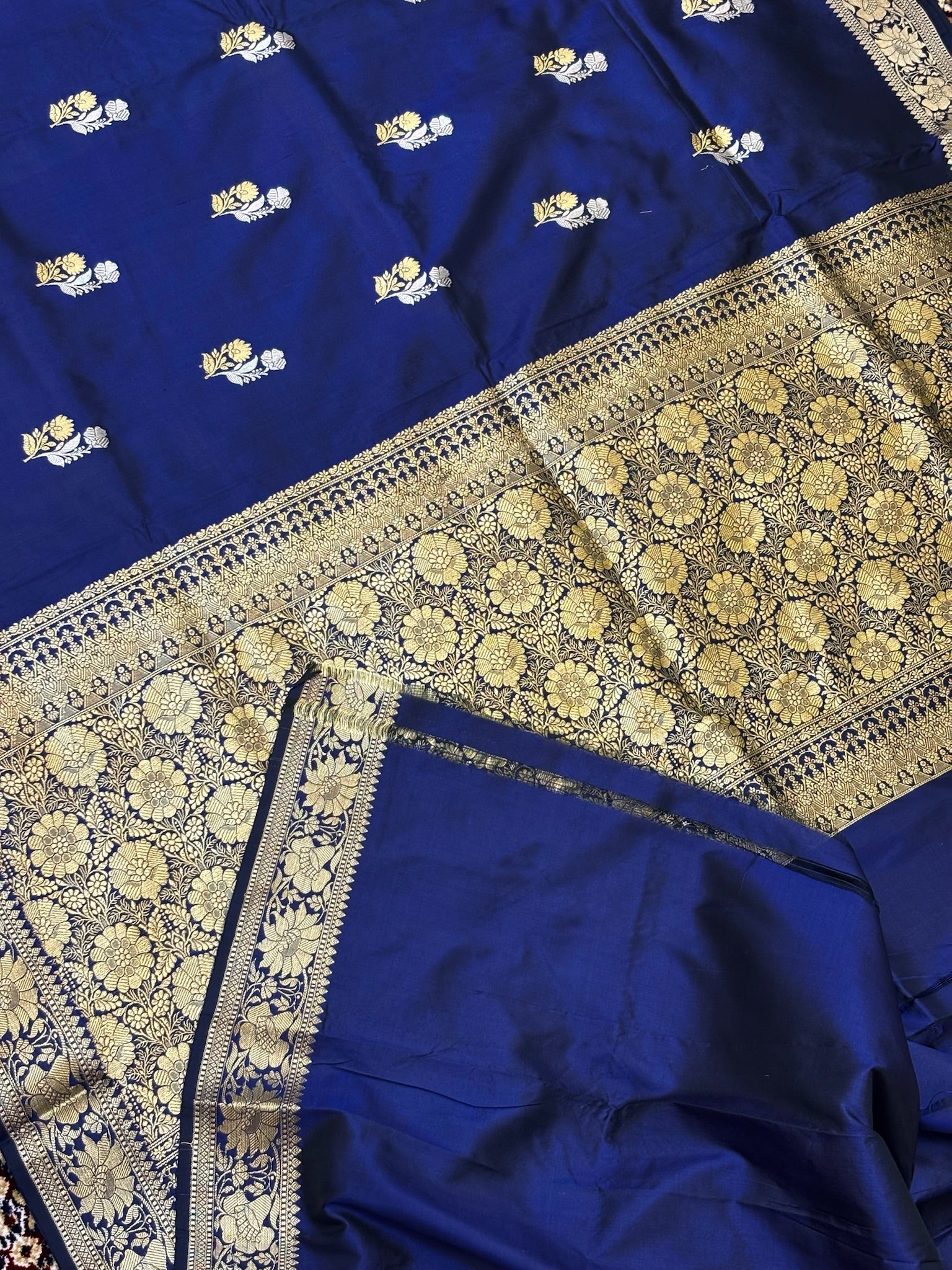 Premium Zari Buti Navy Blue Saree with Intricate Gold Border | Elegant Ethnic Wear for Festive & Wedding