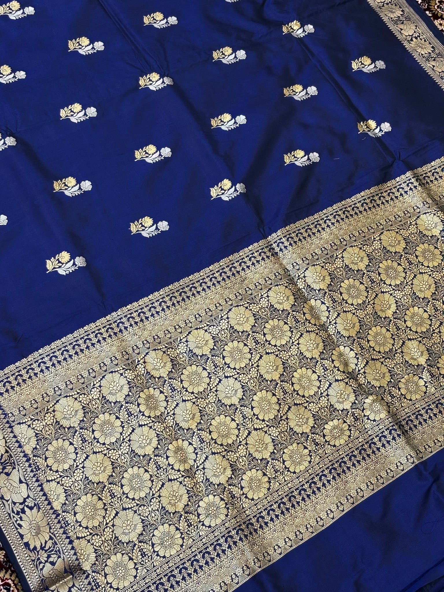 Premium Zari Buti Navy Blue Saree with Intricate Gold Border | Elegant Ethnic Wear for Festive & Wedding