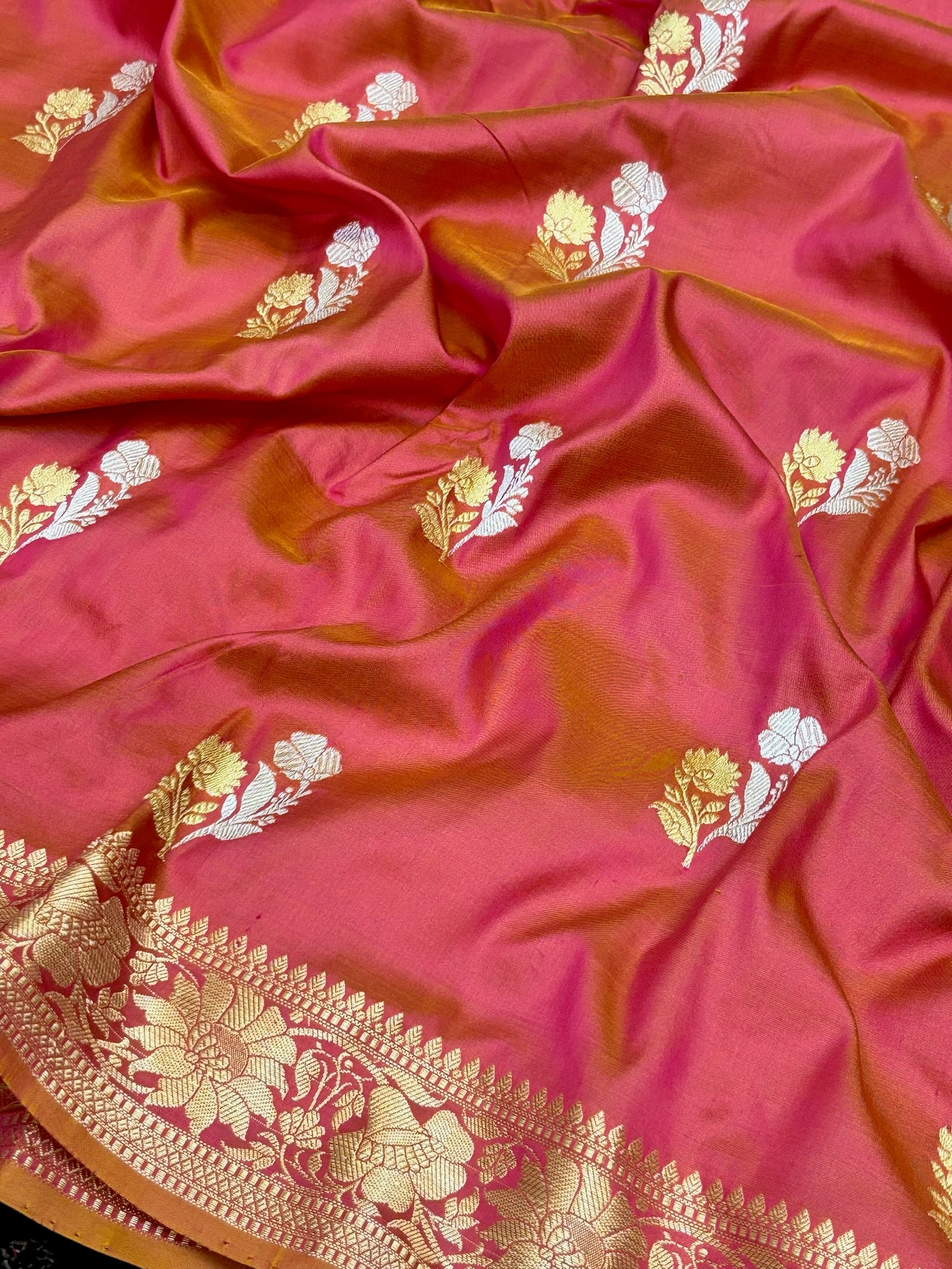 Premium Zari Buti Peach Pink Saree with Intricate Gold Border | Elegant Ethnic Wear for Festive & Wedding