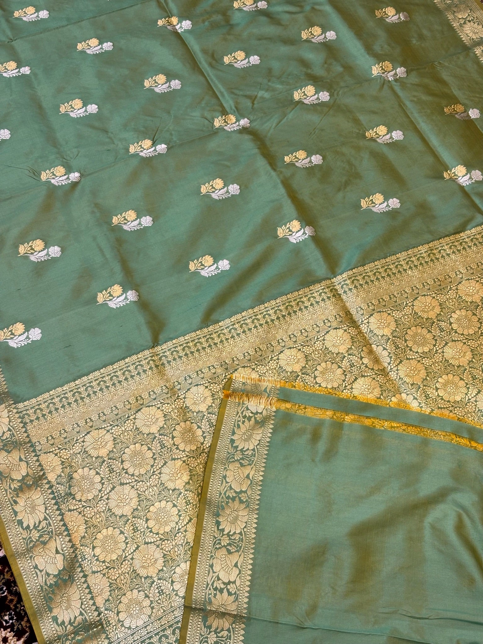 Premium Zari Buti Moss GreenSaree with Intricate Gold Border | Elegant Ethnic Wear for Festive & Wedding
