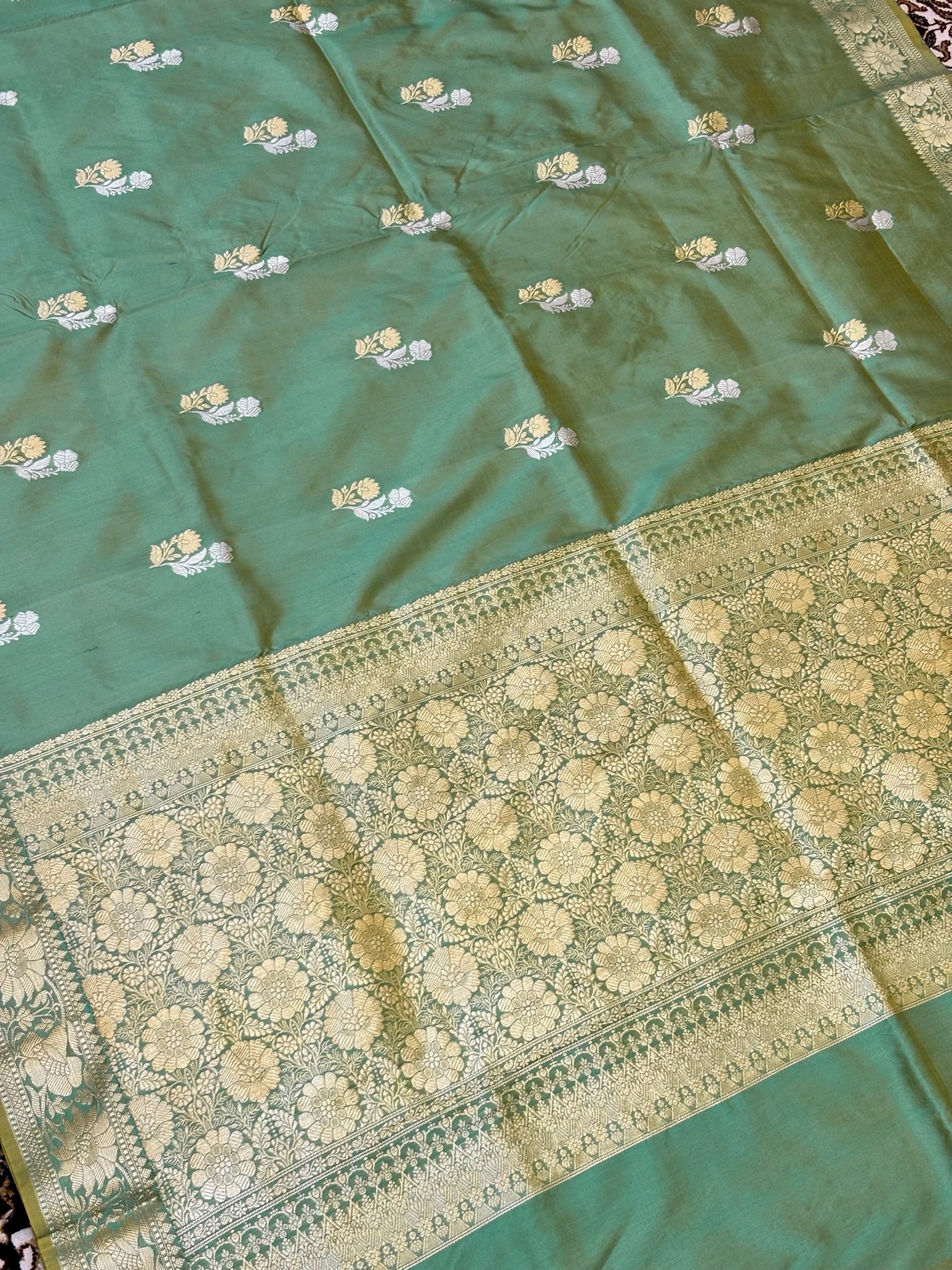 Premium Zari Buti Moss GreenSaree with Intricate Gold Border | Elegant Ethnic Wear for Festive & Wedding