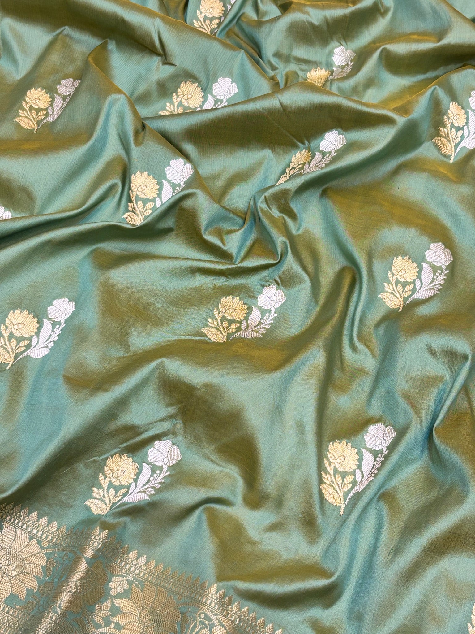 Premium Zari Buti Moss GreenSaree with Intricate Gold Border | Elegant Ethnic Wear for Festive & Wedding