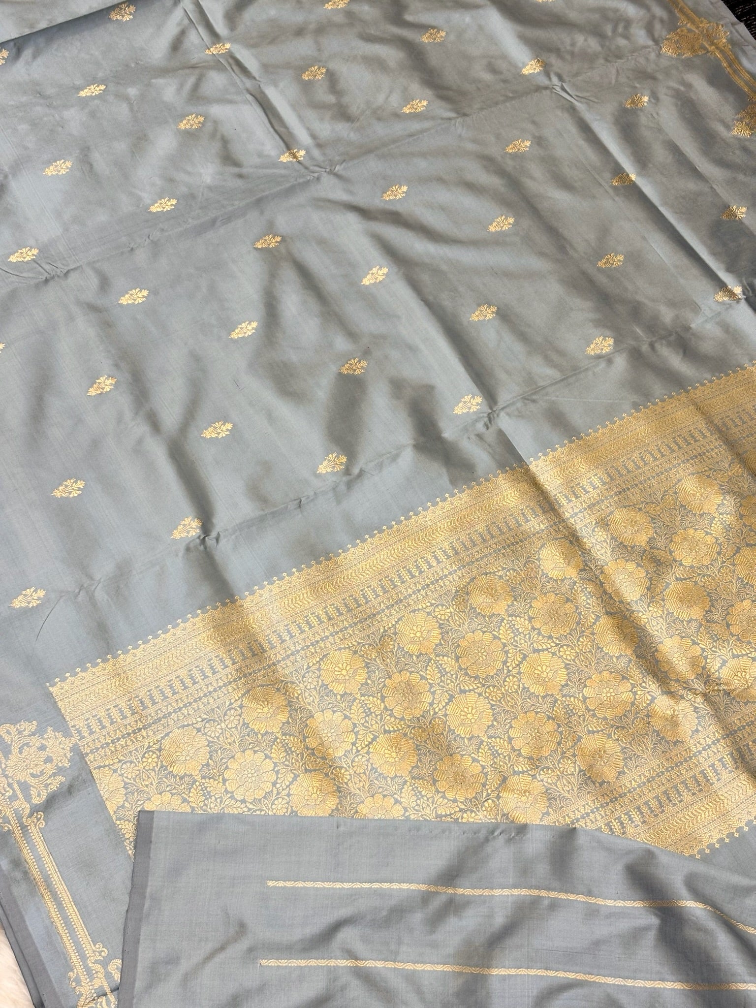 Premium Zari Buti Grey Saree with Intricate Gold Border | Elegant Ethnic Wear for Festive & Wedding