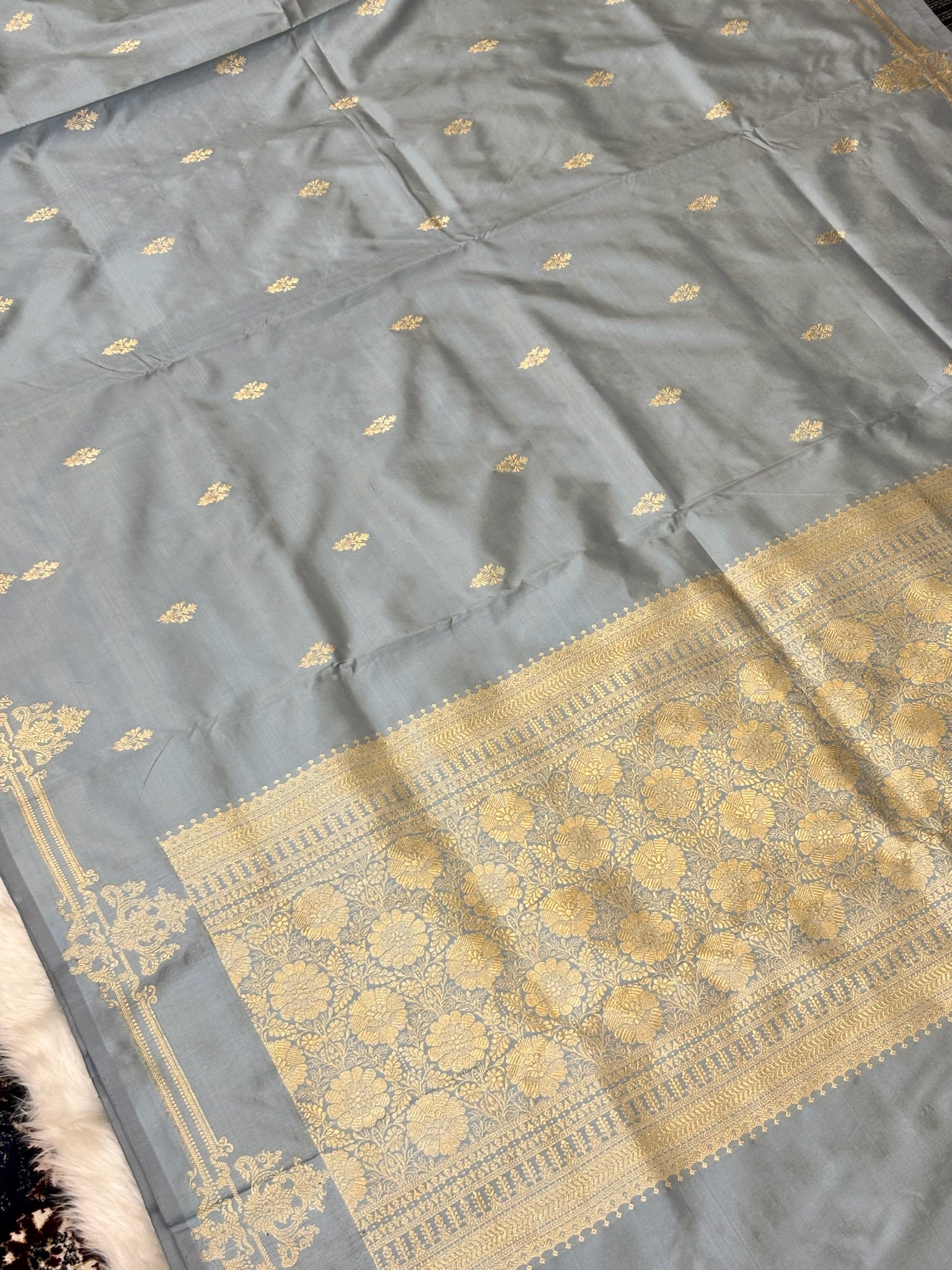 Premium Zari Buti Grey Saree with Intricate Gold Border | Elegant Ethnic Wear for Festive & Wedding