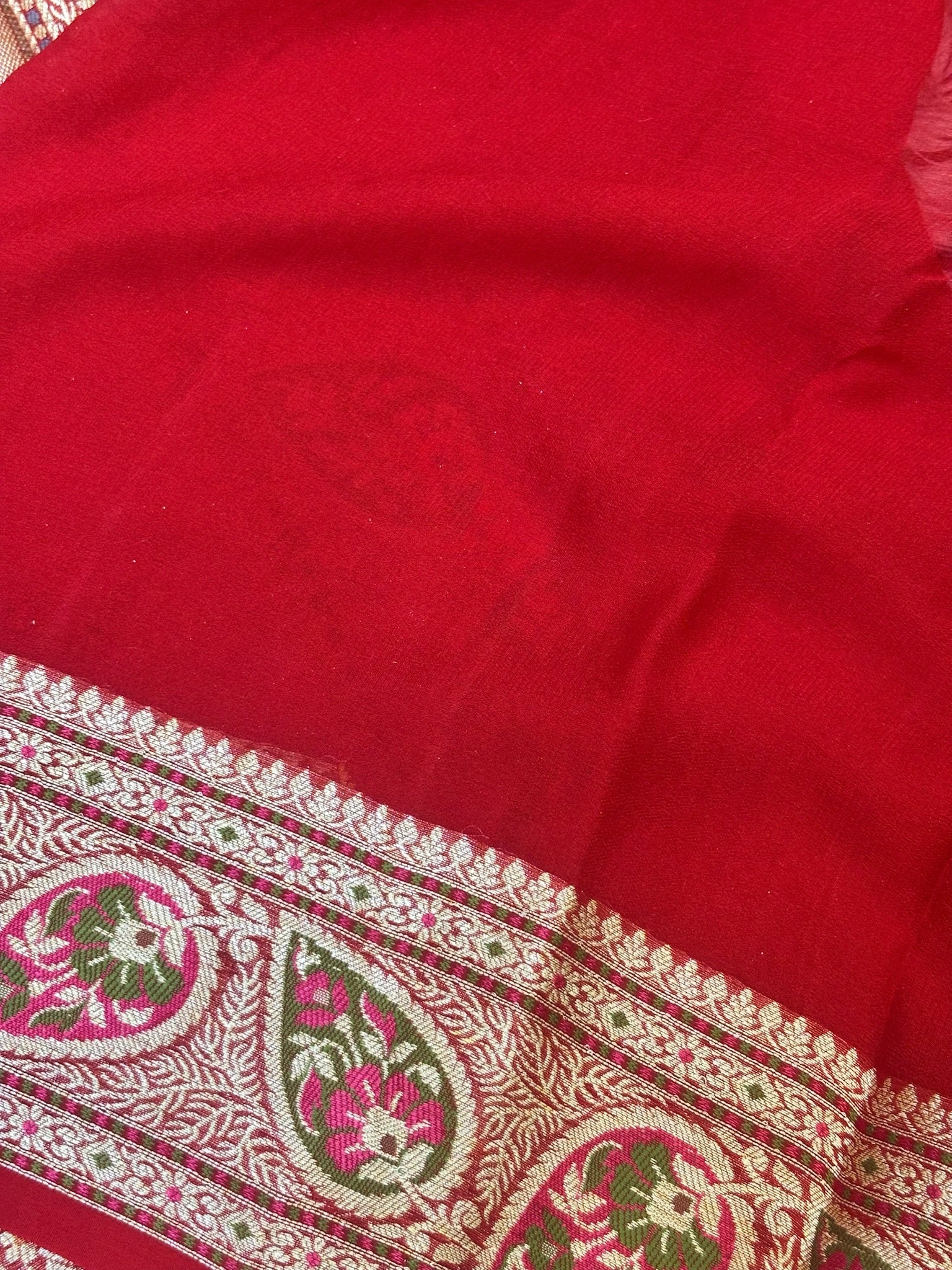 Pure Chiffon Silk Saree in Red with Zari Border | Handcrafted Elegant Party Wear