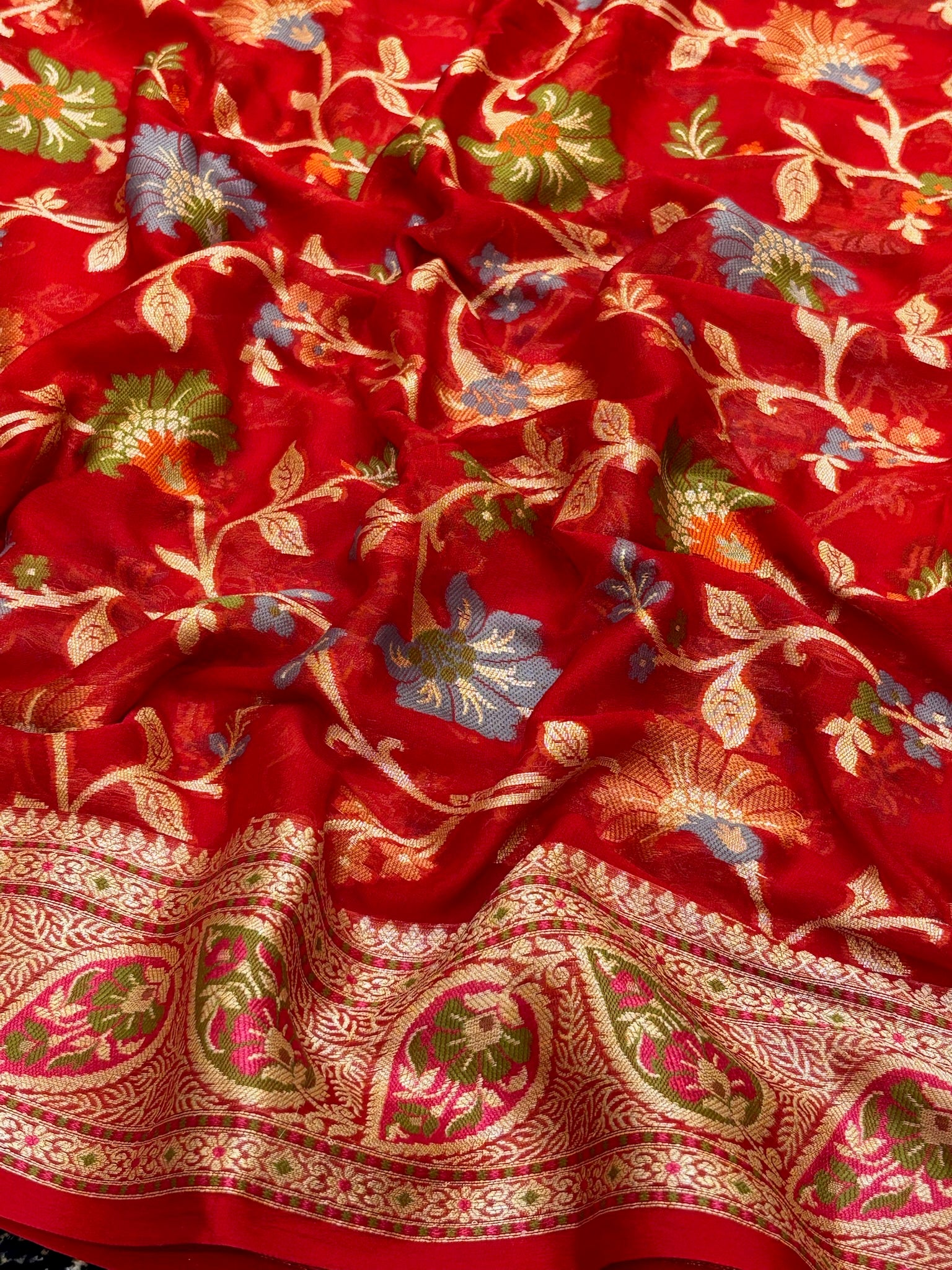 Pure Chiffon Silk Saree in Red with Zari Border | Handcrafted Elegant Party Wear