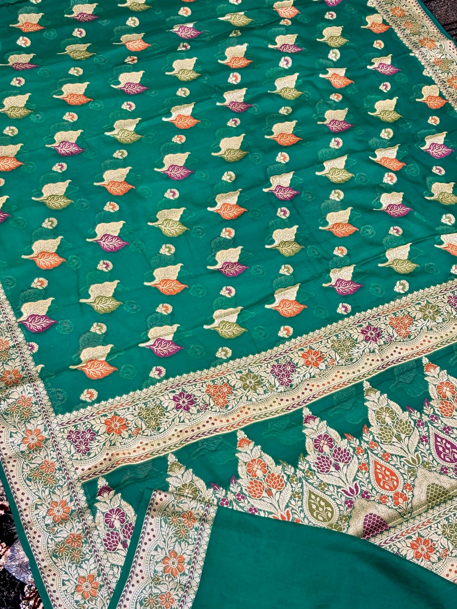 Pure Chiffon Silk Saree in Teal with Zari Border | Handcrafted Elegant Party Wear