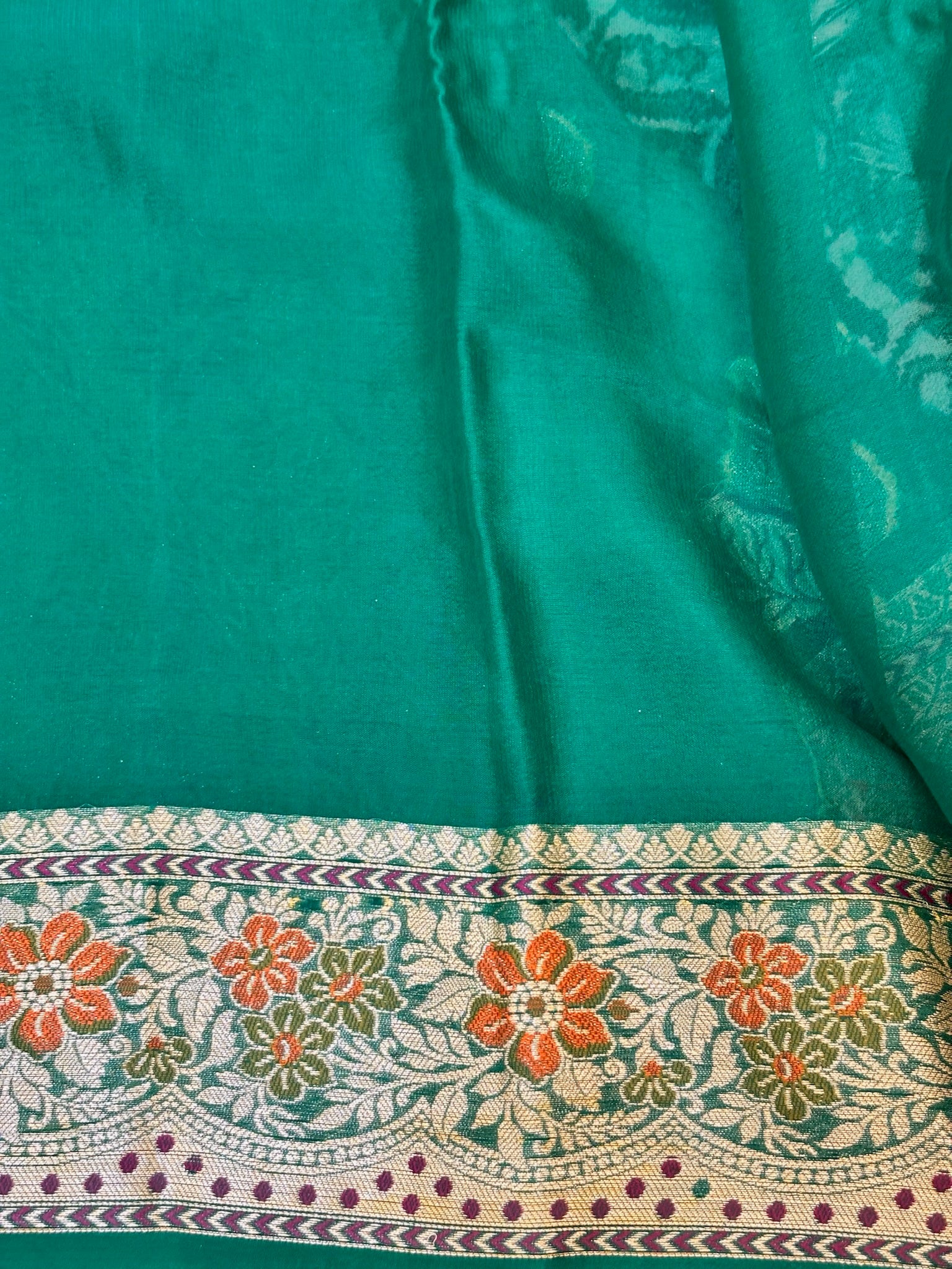 Pure Chiffon Silk Saree in Teal with Zari Border | Handcrafted Elegant Party Wear