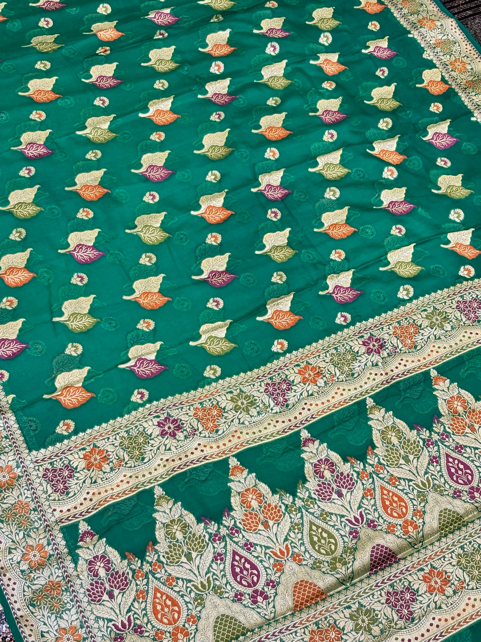 Pure Chiffon Silk Saree in Teal with Zari Border | Handcrafted Elegant Party Wear