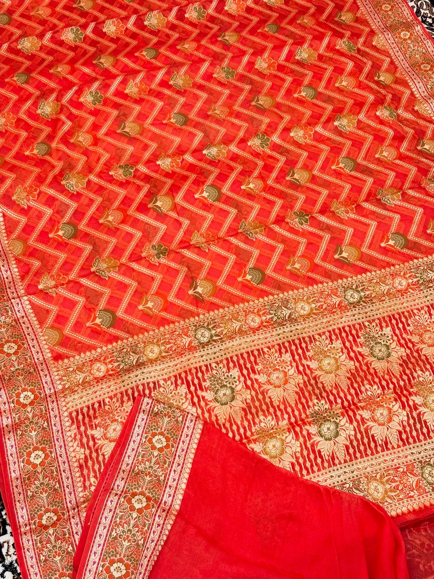 Pure Chiffon Silk Saree in Coral Orange with Zari Border | Handcrafted Elegant Party Wear