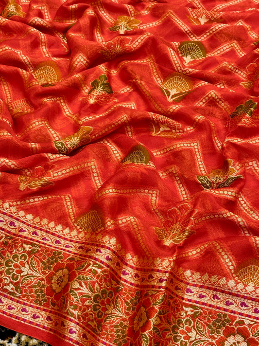 Pure Chiffon Silk Saree in Coral Orange with Zari Border | Handcrafted Elegant Party Wear