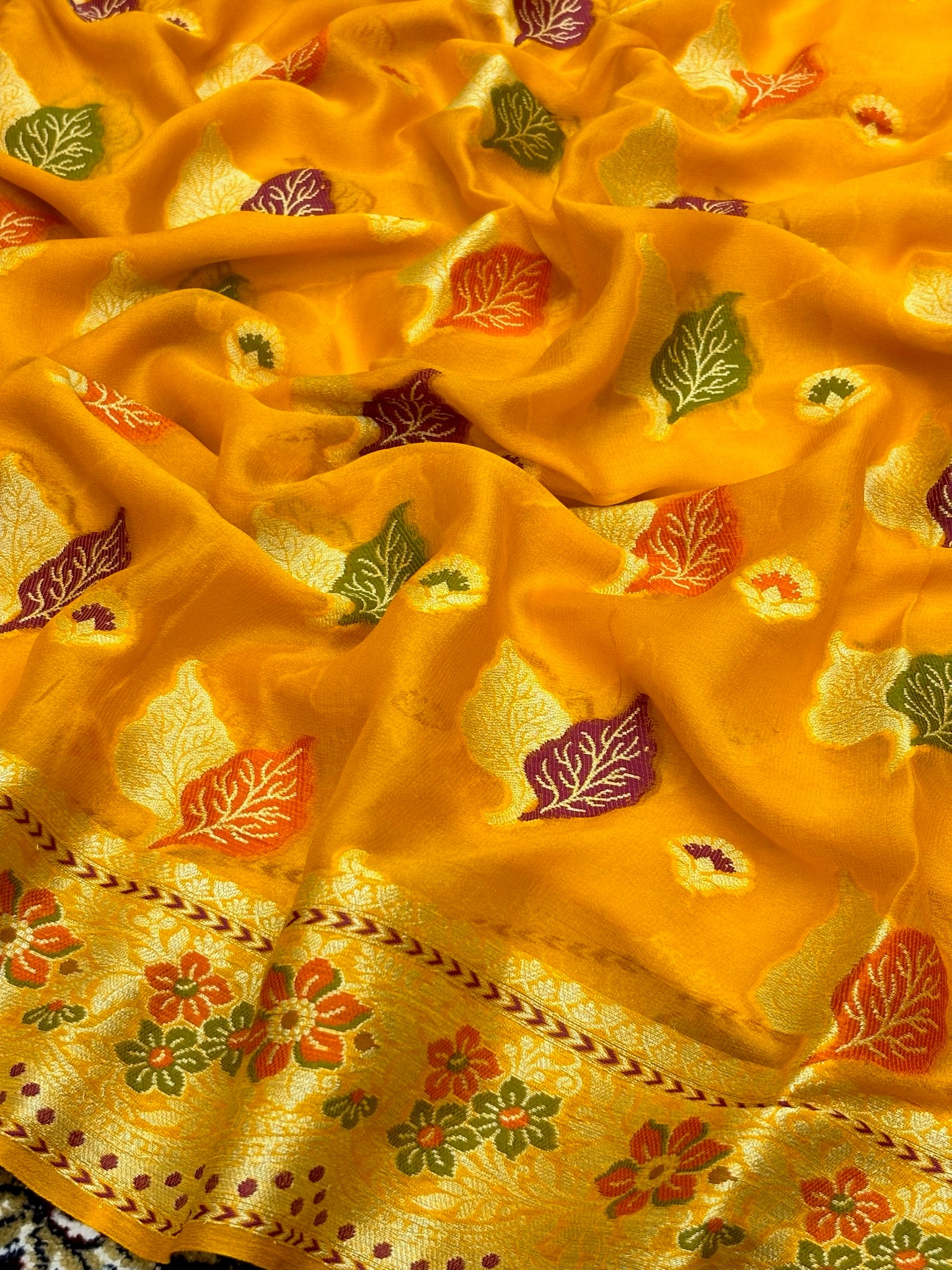 Pure Chiffon Silk Saree in Yellow with Zari Border | Handcrafted Elegant Party Wear