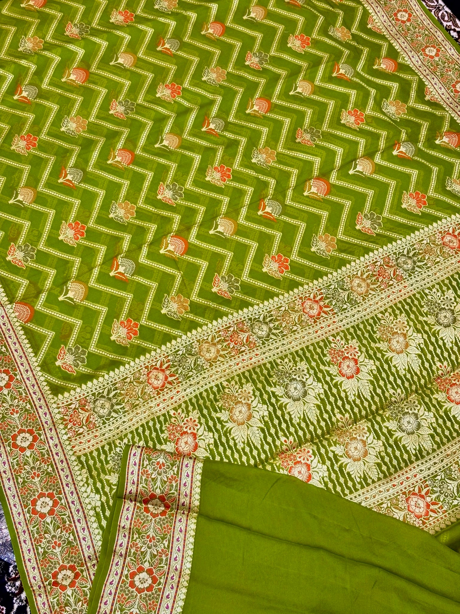 Pure Chiffon Silk Saree in Pista Green with Zari Border | Handcrafted Elegant Party Wear