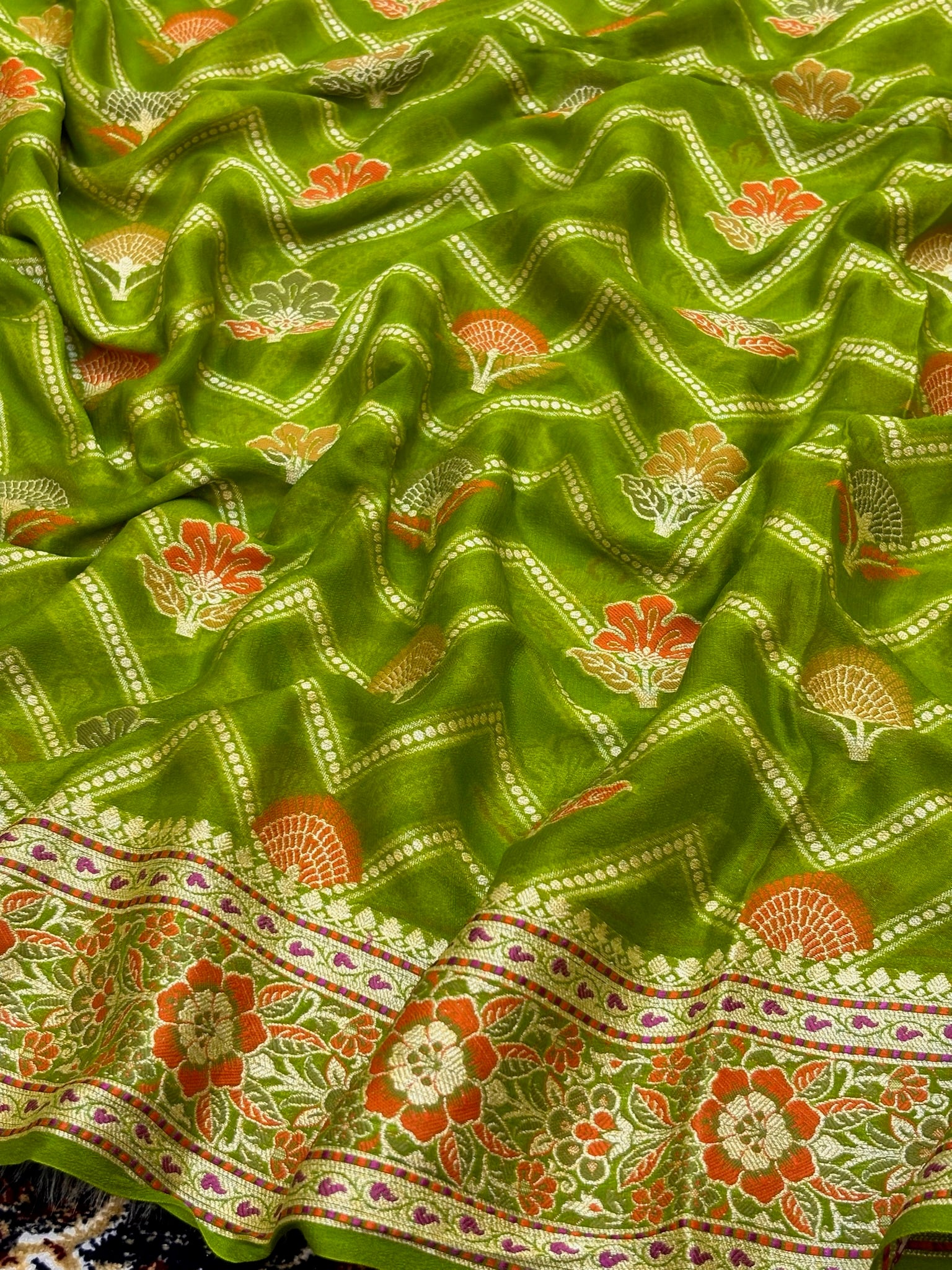 Pure Chiffon Silk Saree in Pista Green with Zari Border | Handcrafted Elegant Party Wear