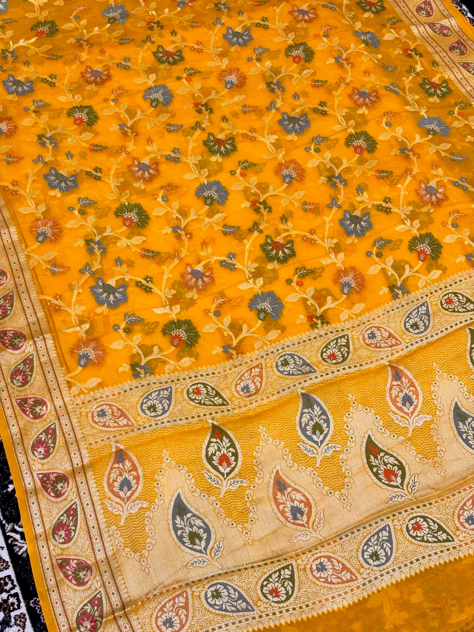 Pure Chiffon Silk Saree in Yellow with Zari Border | Handcrafted Elegant Party Wear