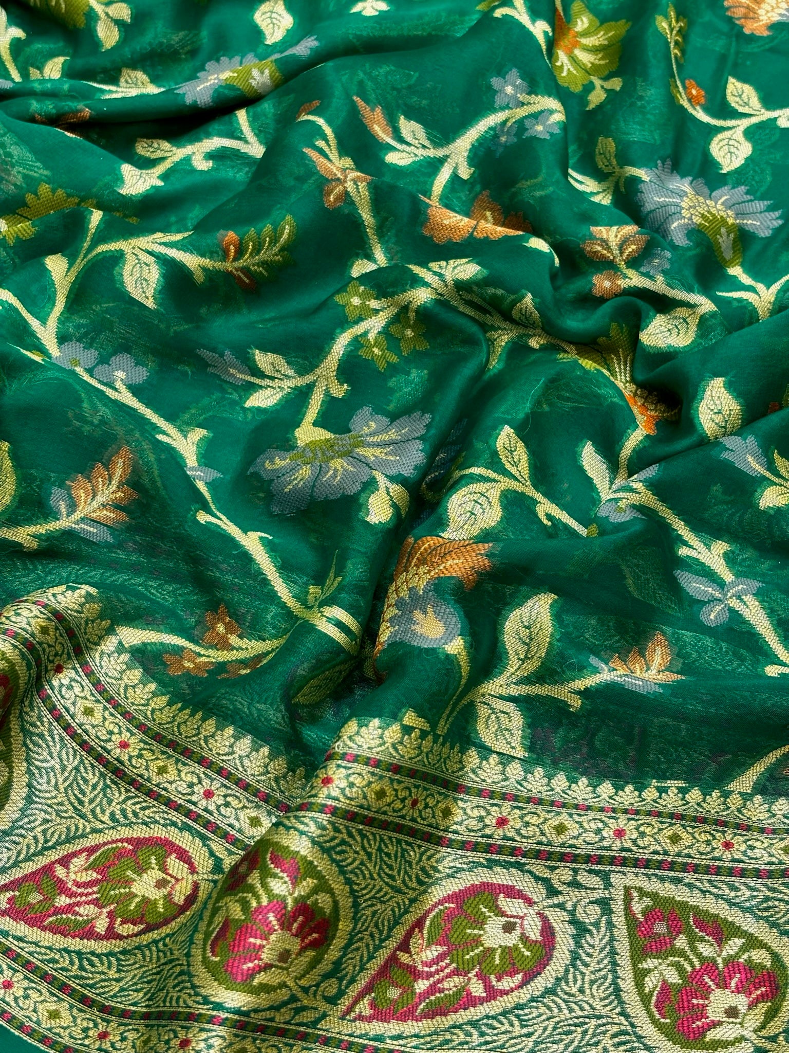 Pure Chiffon Silk Saree in Teal with Zari Border | Handcrafted Elegant Party Wear