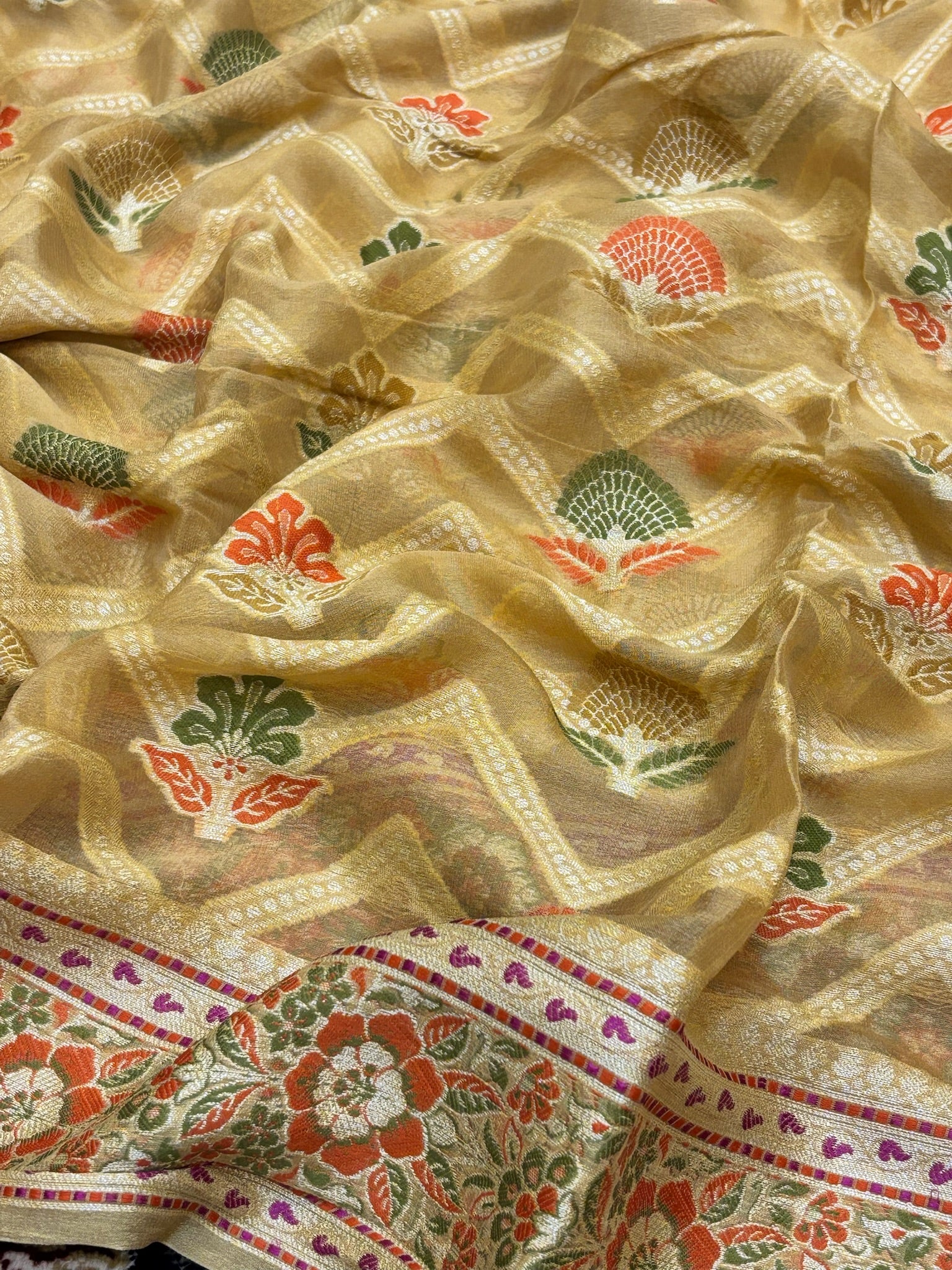 Pure Chiffon Silk Saree in Champagne Gold with Zari Border | Handcrafted Elegant Party Wear