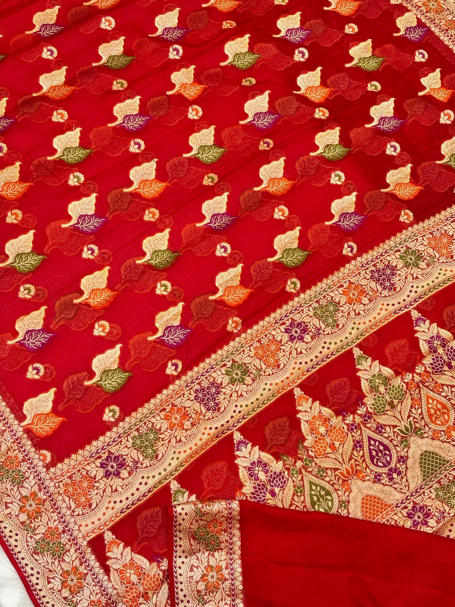 Pure Chiffon Silk Saree in Red with Zari Border | Handcrafted Elegant Party Wear